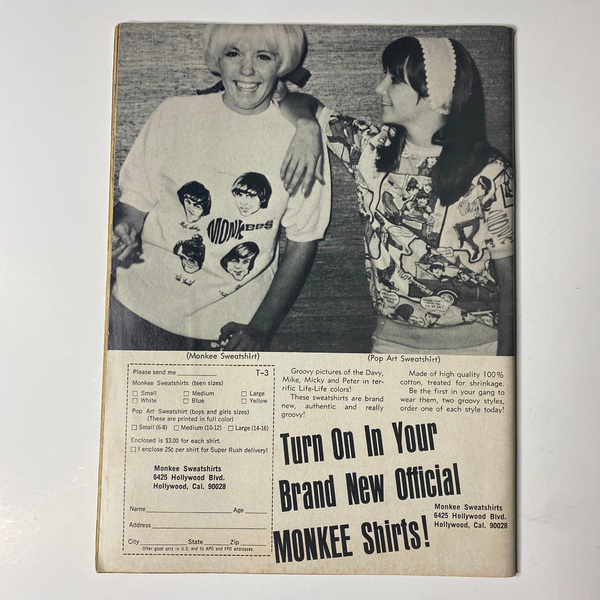 Ad page from Teen Screen Magazine March 1968 showcasing official Monkee shirts and merchandise.