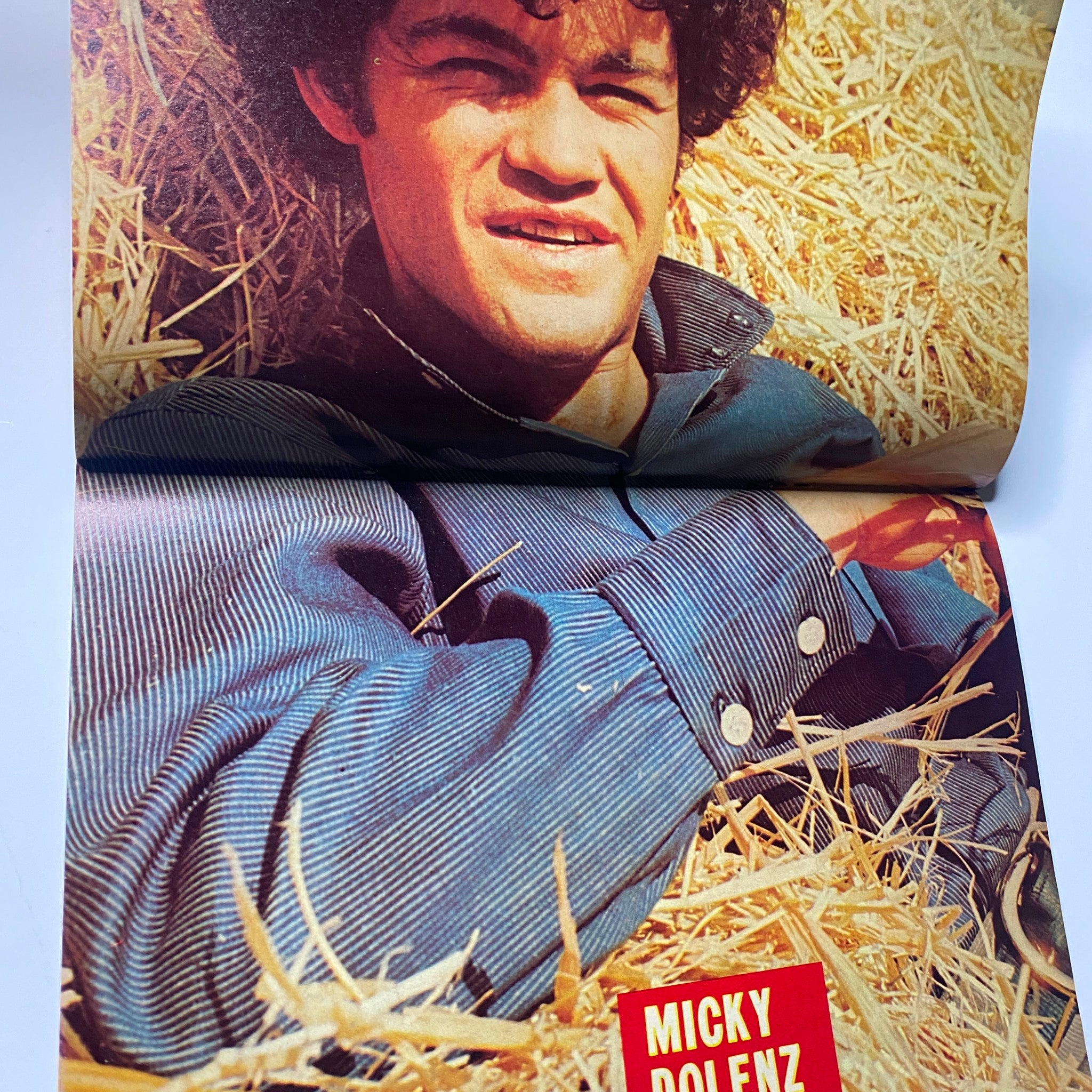 Full-color pin-up of Micky Dolenz featured in Teen Screen Magazine February 1968, showcasing the star in a relaxed pose.