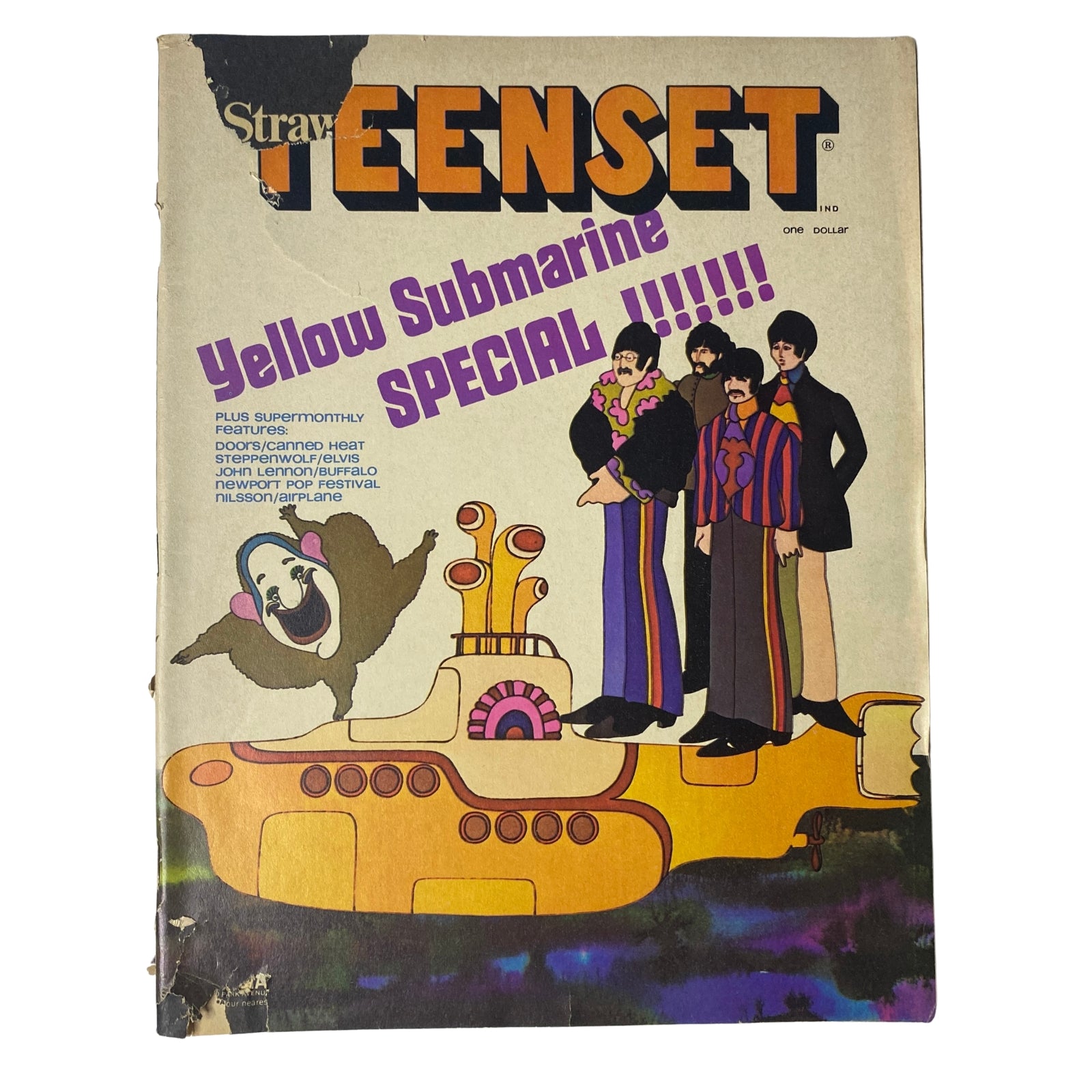 Teen Set Magazine 1968 The Beatles Special cover featuring Yellow Submarine with four animated characters and the Beatles, showcasing vibrant colors and retro design.