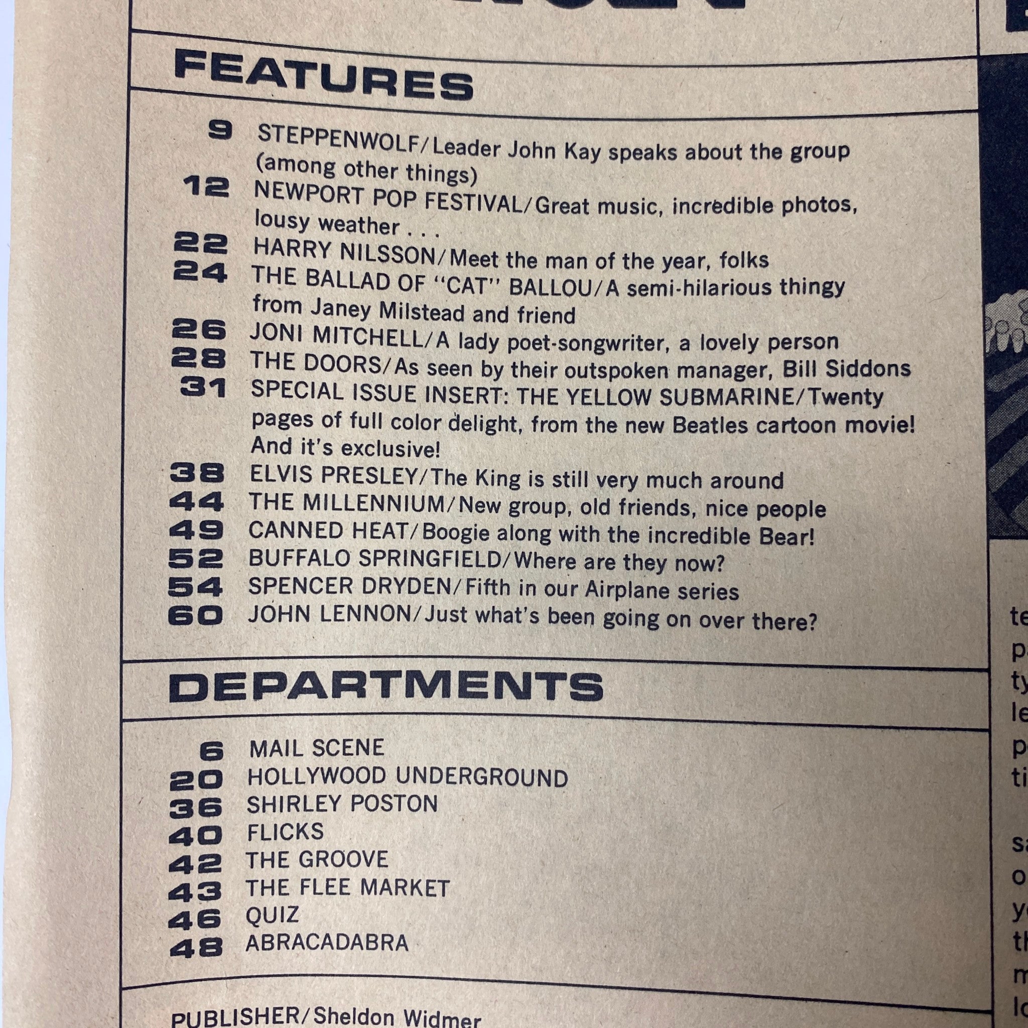 Table of contents page from Teen Set Magazine 1968 The Beatles Special, listing features like The Doors, Steppenwolf, and the special Yellow Submarine insert.