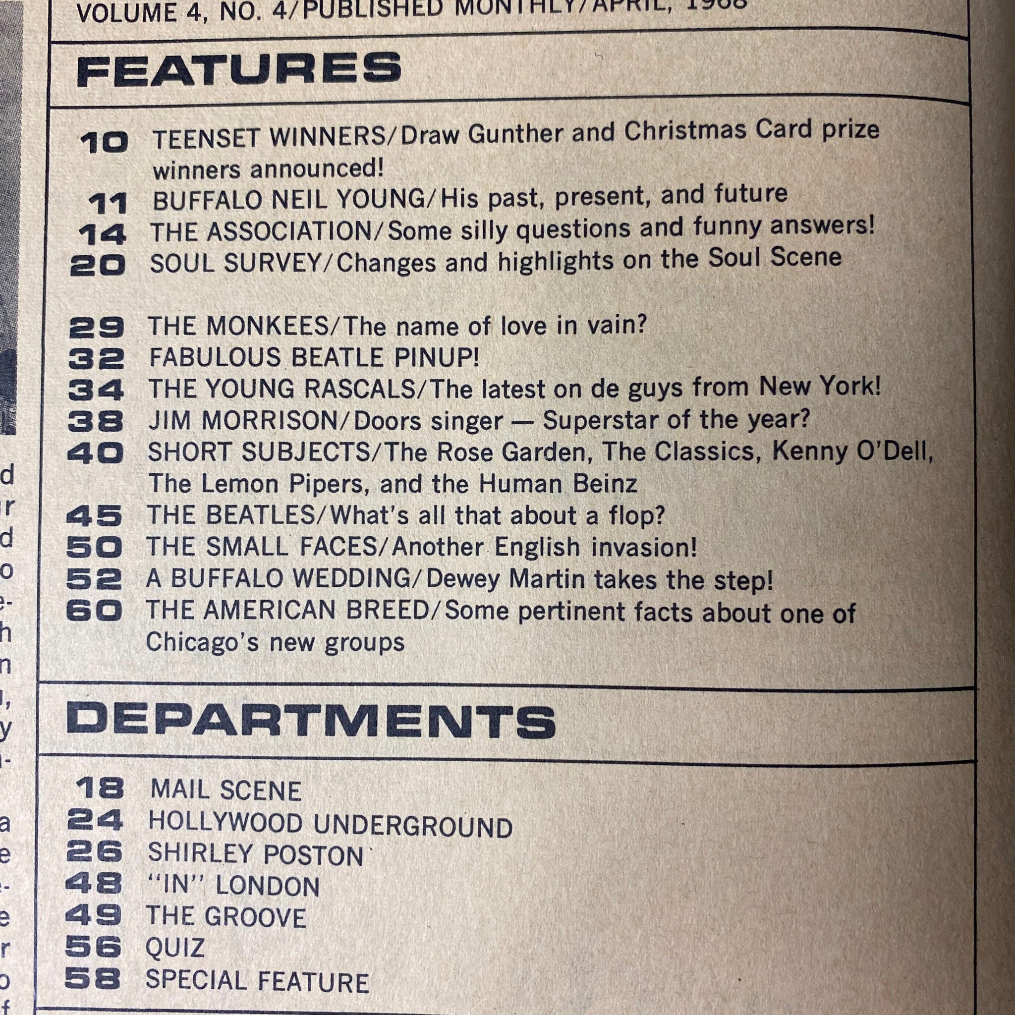 Table of contents from Teen Set Magazine April 1968 listing features such as the fabulous Beatles pin-up, Jim Morrison, Buffalo Springfield, and The Monkees, reflecting the essence of 1960s rock culture.