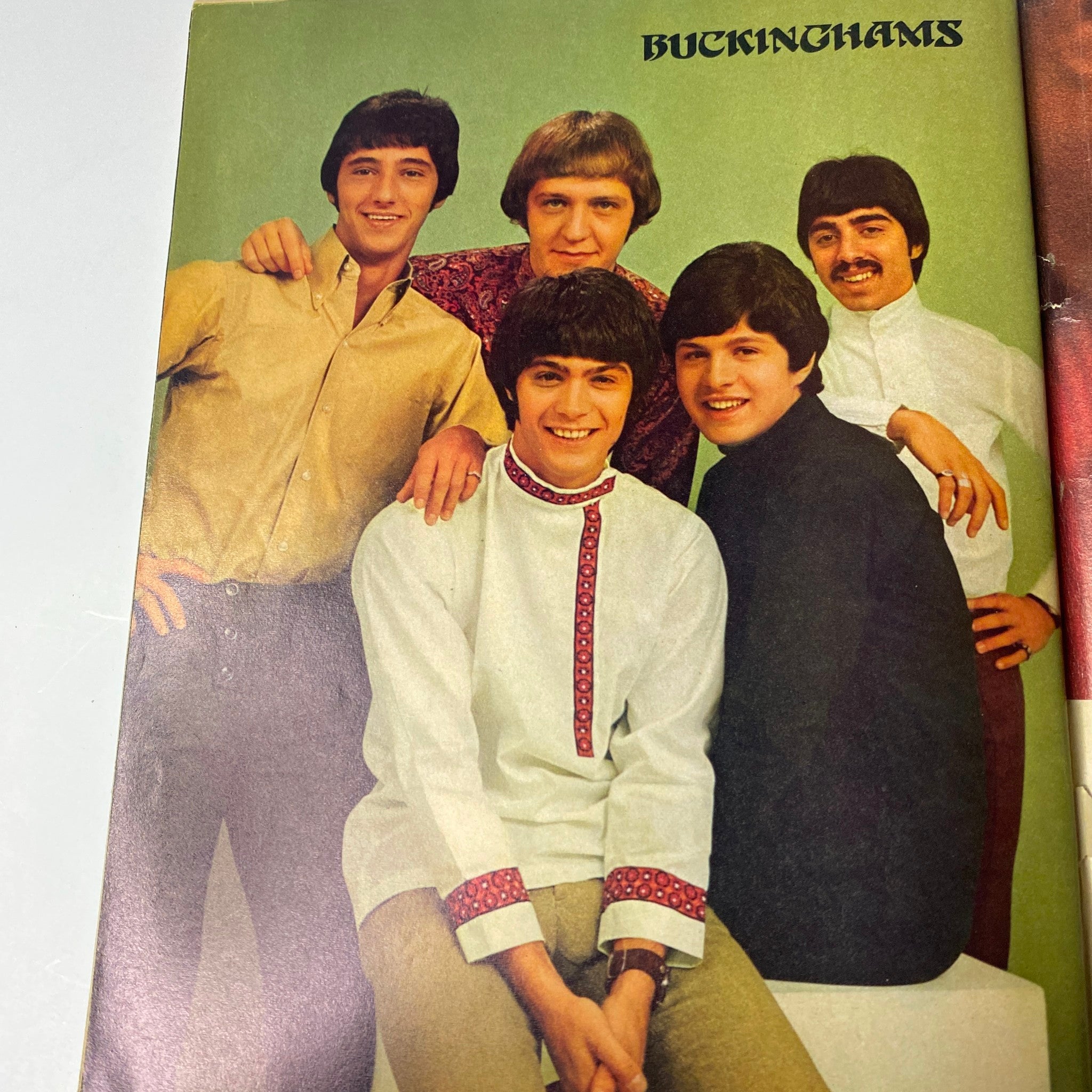 A group photo of The Buckinghams featured in Teen Set Magazine April 1968, displaying the popular band of the 1960s posing together with stylish outfits.
