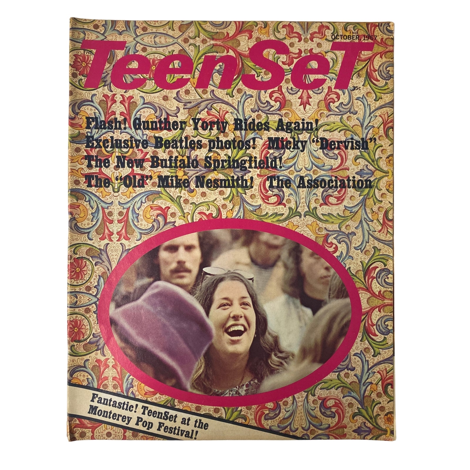 TeenSet Magazine October 1967 cover featuring The Monkees, highlighting themes of counterculture and music festivals, with a colorful design and feature stories about notable artists like Buffalo Springfield and The Association.