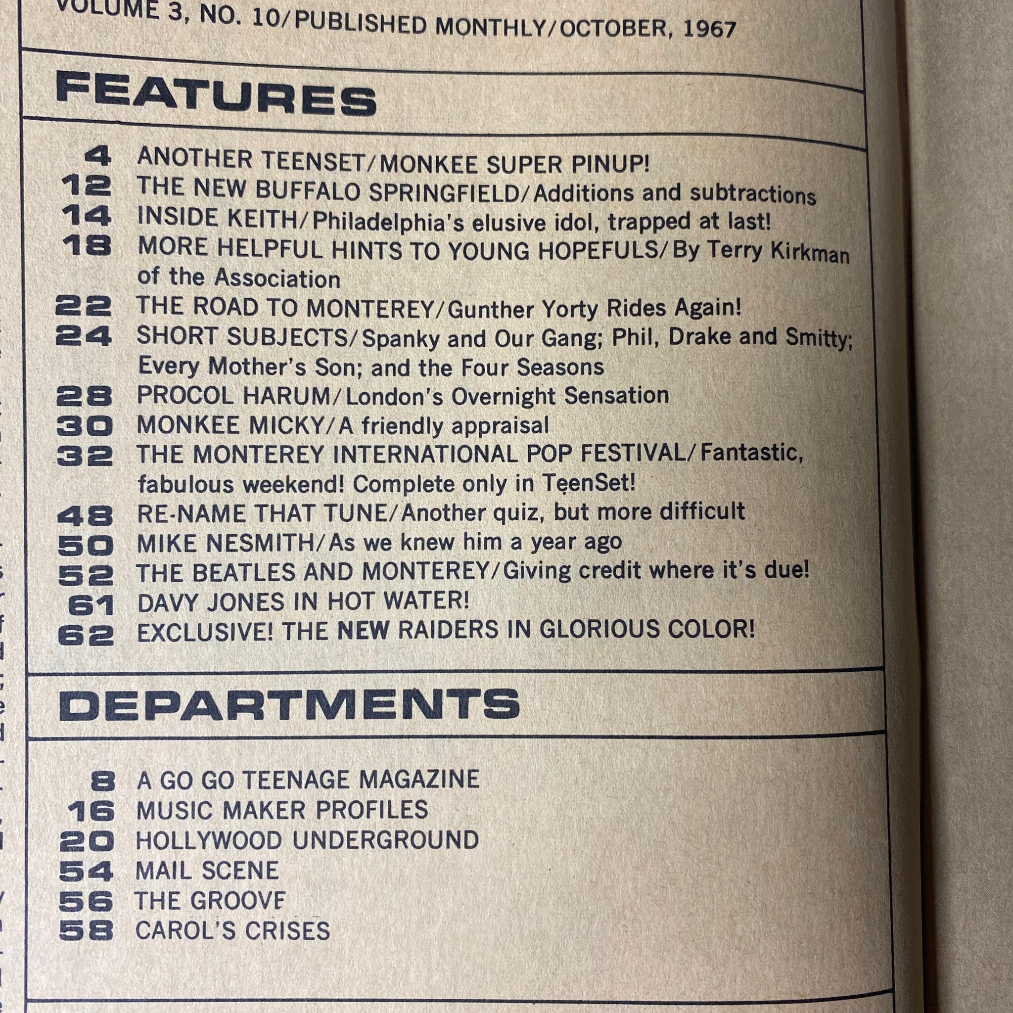 Teen Set Magazine October 1967 featuring the table of contents showcasing highlights such as Monkee Super Pin-Up and Buffalo Springfield profile.