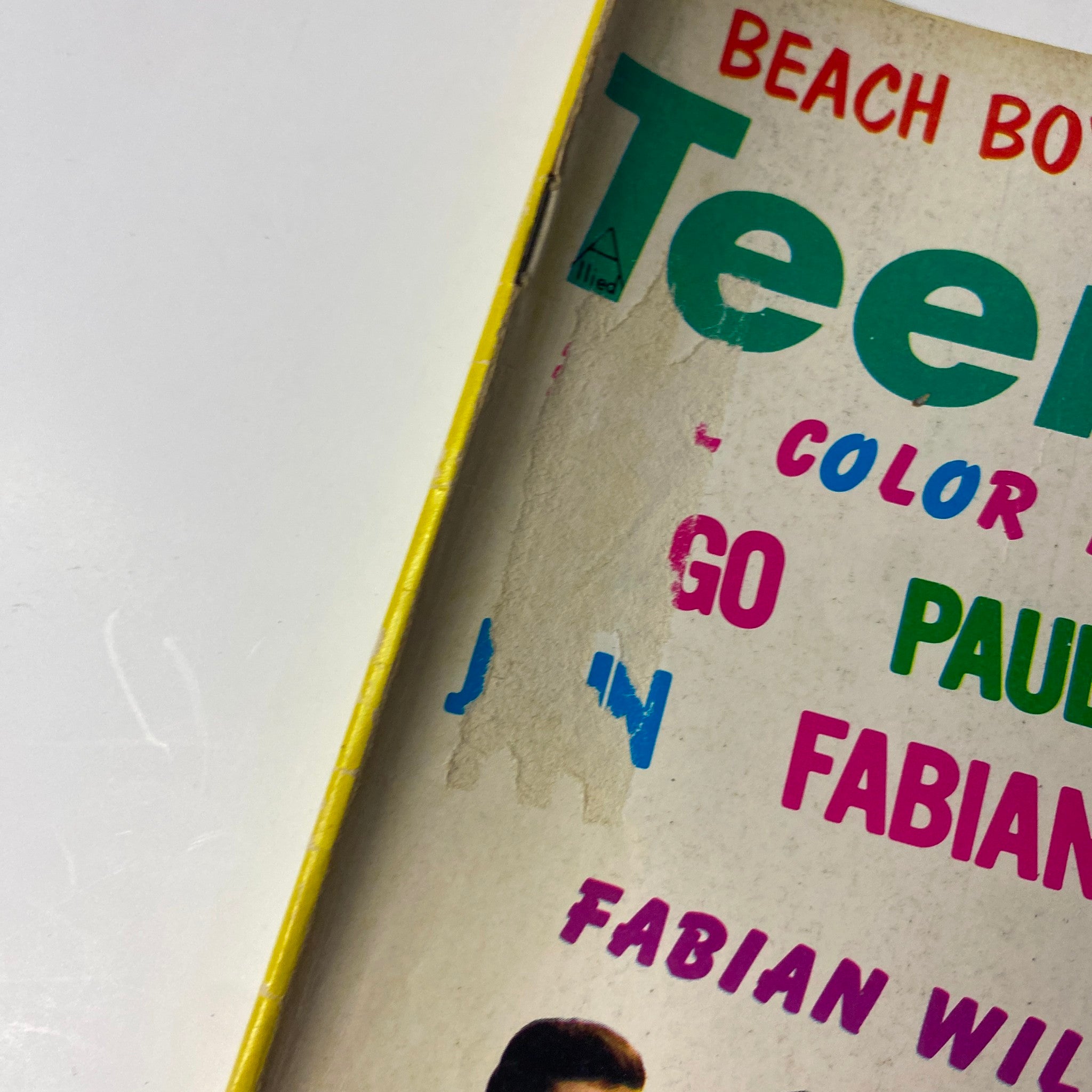 Close-up of Teen Screen Magazine cover June 1964 showing wear with the text 'Color Pinups' and 'Go Paul, George, & Fabian' highlighted.