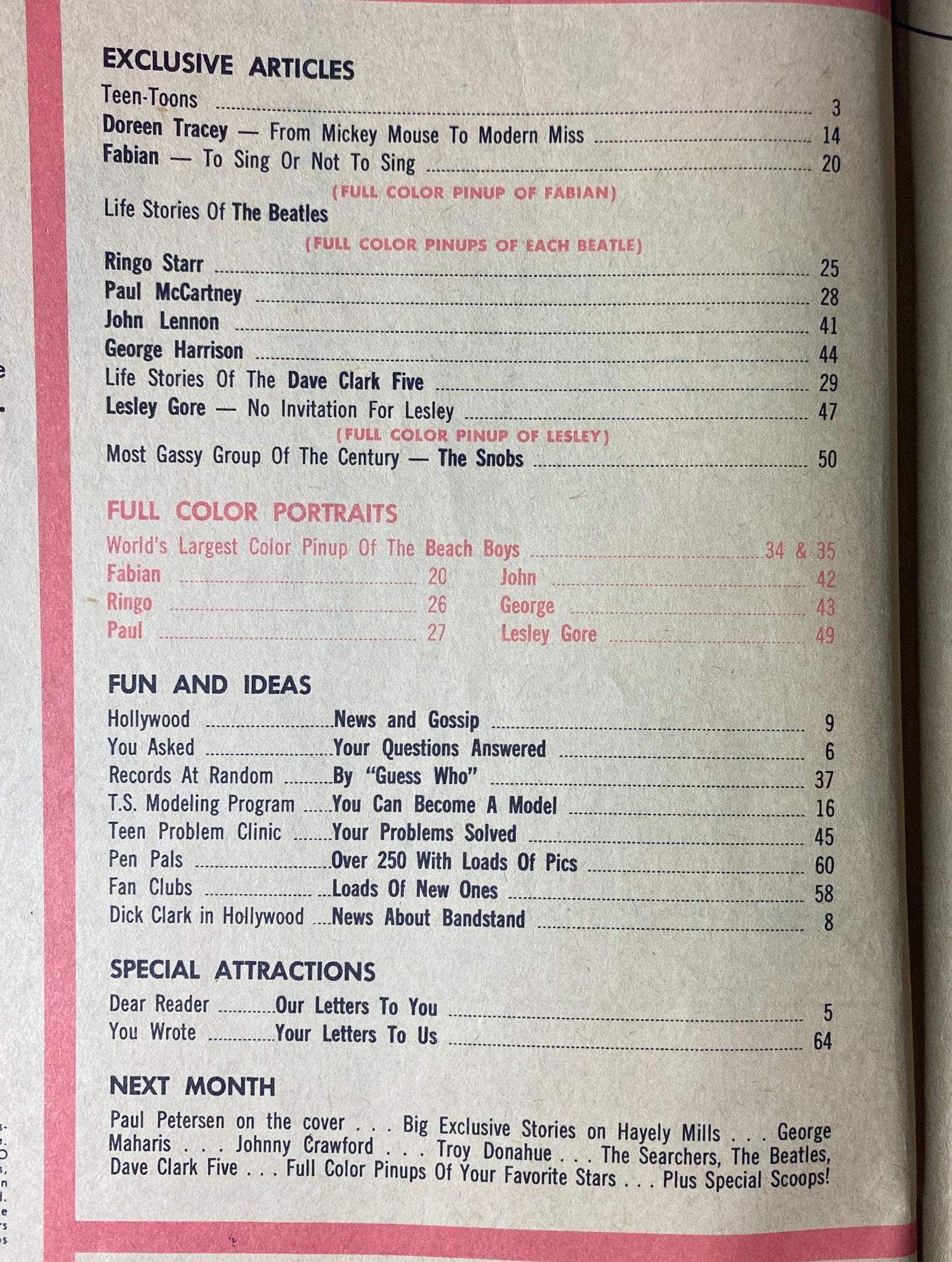 Table of contents page from Teen Screen Magazine June 1964 featuring exclusive articles, fun ideas, and pin-ups, showcasing contributions from The Beach Boys and The Beatles.