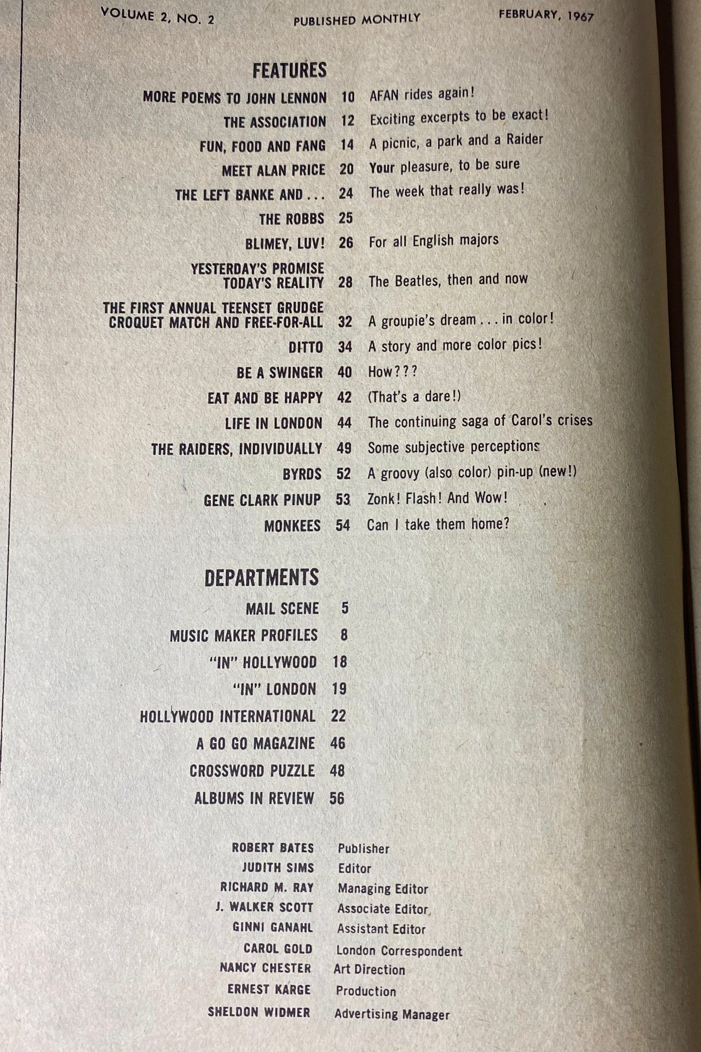 Contents page of TeenSet Magazine February 1967, listing featured articles such as fan tributes, music profiles, and insights into popular bands, emphasizing the magazine's role in 1960s teen pop culture.