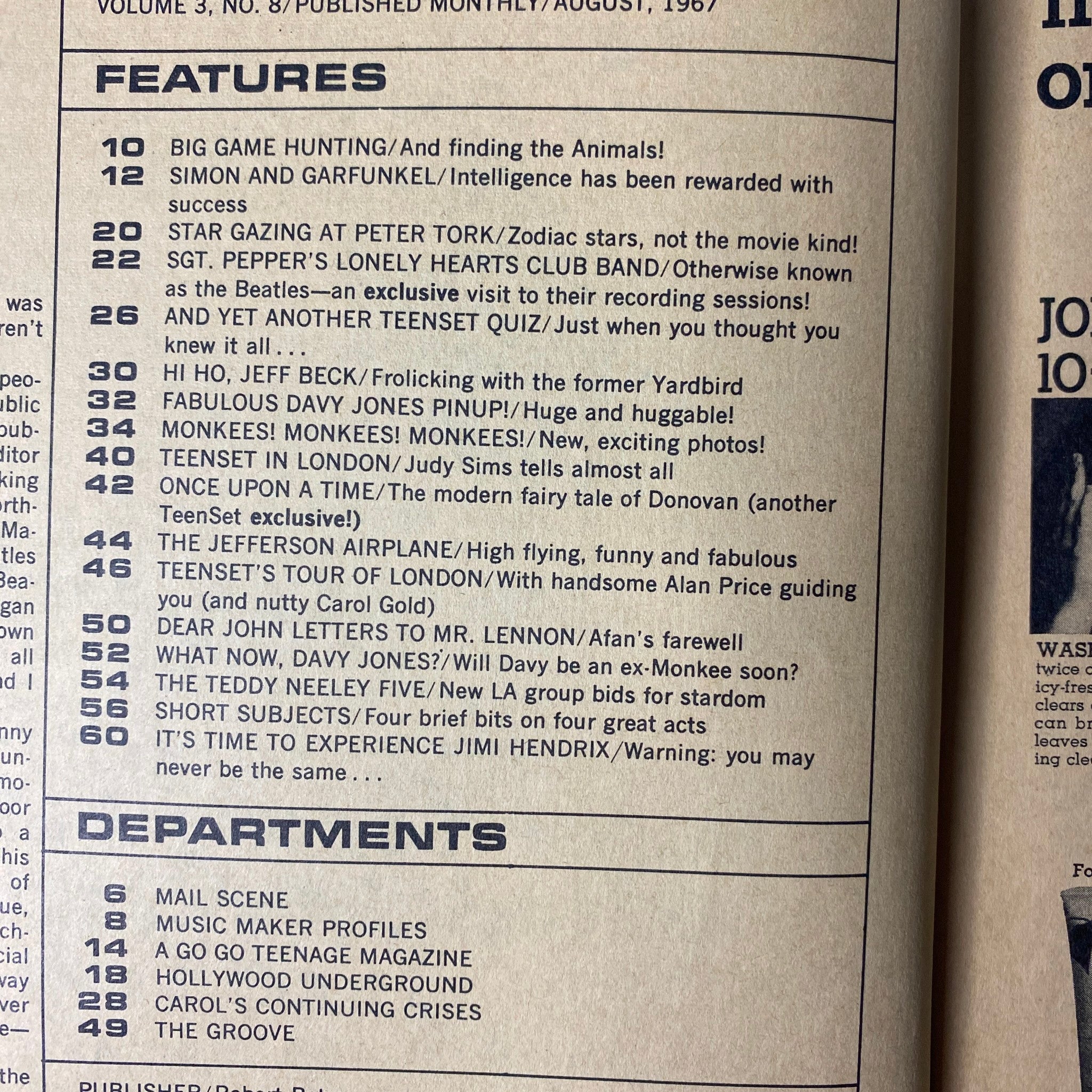 Inside features of TeenSet Magazine August 1967, detailing highlights such as The Beatles recording sessions, Simon and Garfunkel, and Jimi Hendrix.