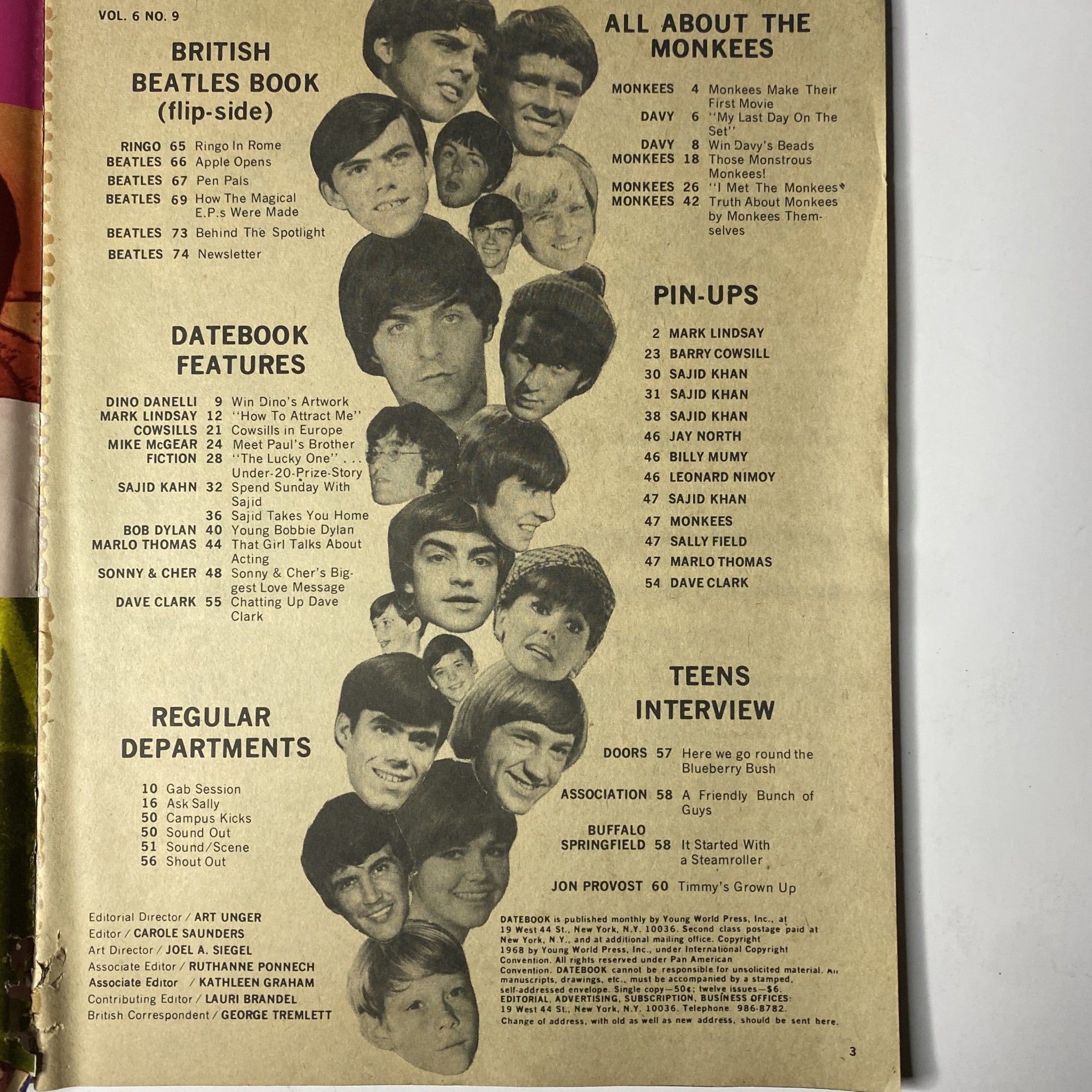 Teen Date Book Magazine April 1968 Vol 6 No. 9 - Table of Contents featuring sections like British Beatles Book, Datebook Features, Pin-Ups, and Teens Interview with illustrations.