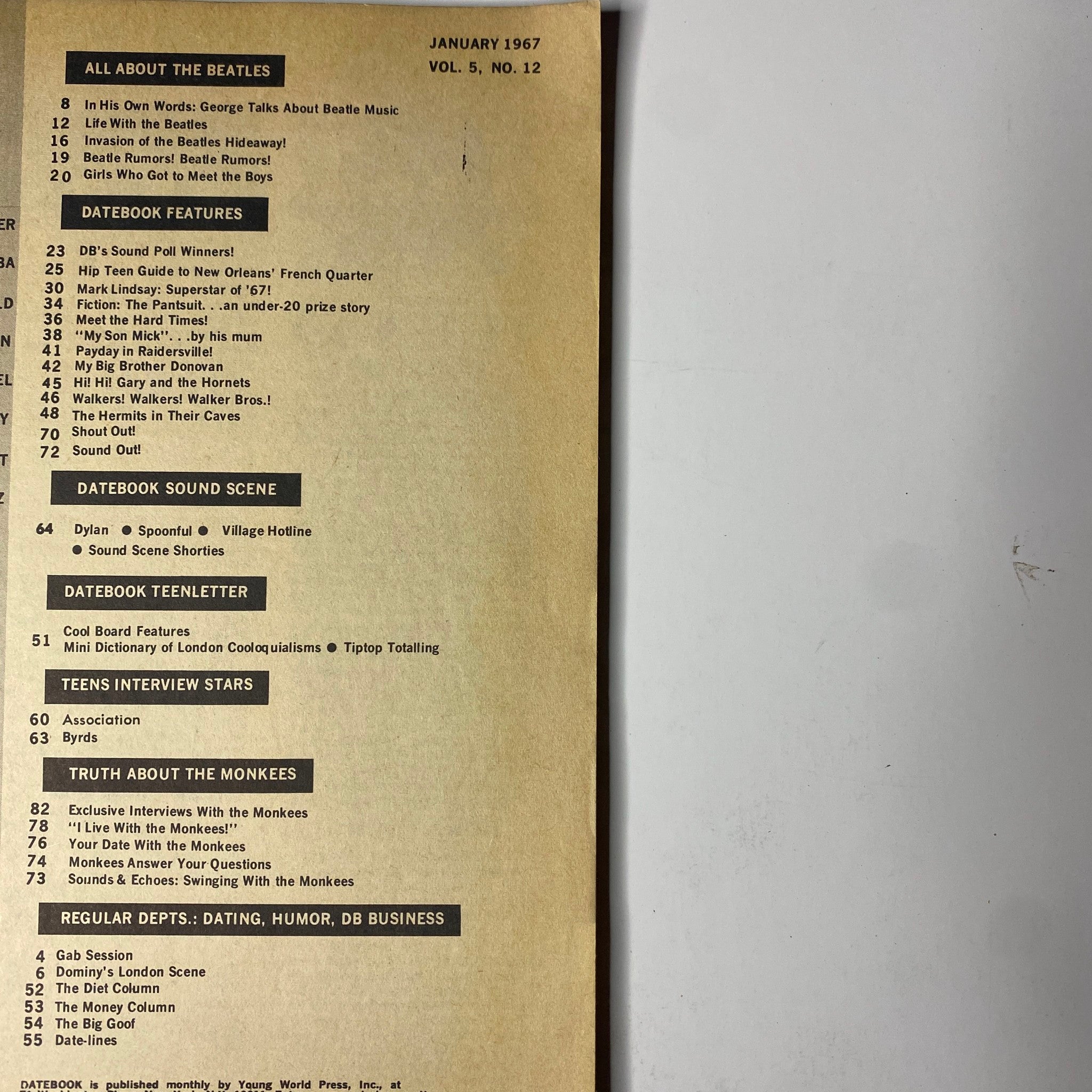 Table of contents for Date Book Magazine January 1967 Vol 5 No. 12 featuring features on The Beatles, Monkees, and more.