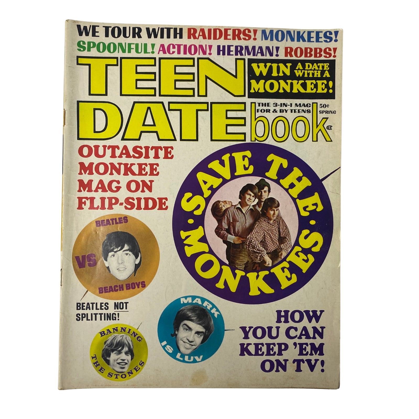 Teen Date Book Magazine Spring 1967 Vol 6 No 2 featuring The Monkees on the cover, showcasing articles about pop culture, including rivalries between The Beatles and The Beach Boys, and contests like 'Win a Date With a Monkee!'. Ideal for vintage magazine collectors.