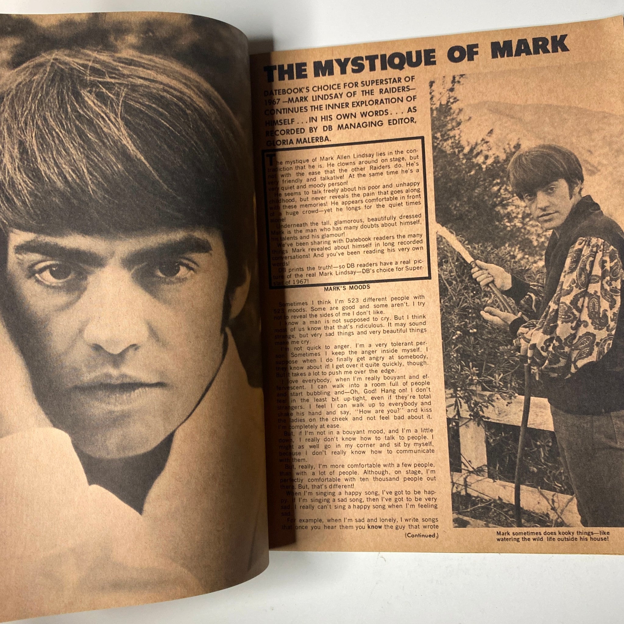 Page from Teen Date Book Magazine Spring 1967 Vol 6 No. 2 showcasing an article titled 'The Mystique of Mark' with a portrait of Mark Lindsay.