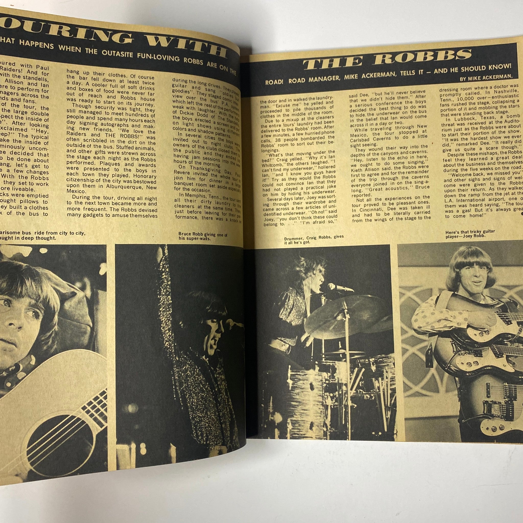 Inside spread from Teen Date Book Magazine Spring 1967 Vol 6 No. 2 discussing 'Touring with The Robbs,' featuring photos and insights related to the band.