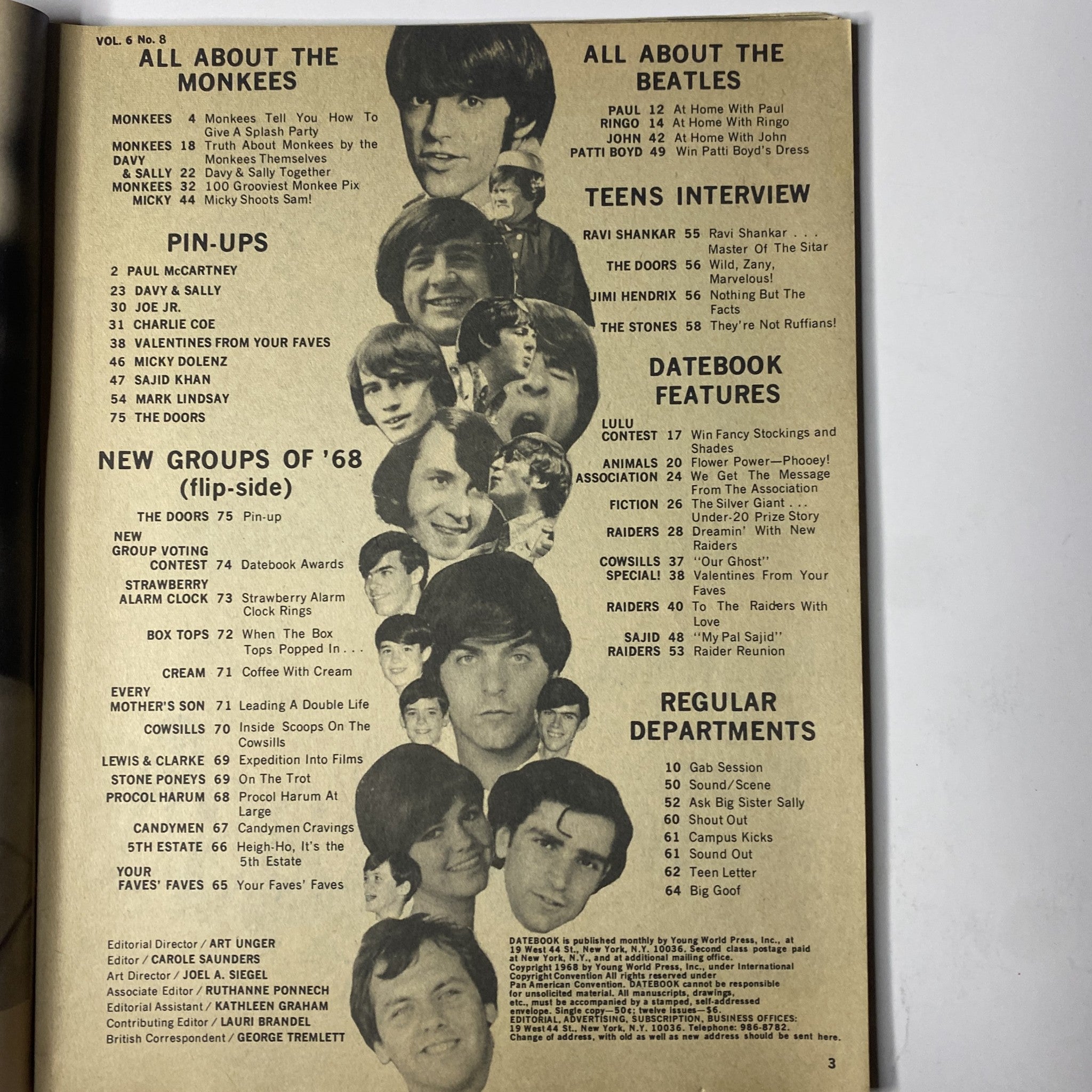 Teen Date Book Magazine February 1968 Vol 6 No 8 Davy Jones w Poster VG featuring a table of contents showcasing various articles and pin-ups related to The Monkees and The Beatles.