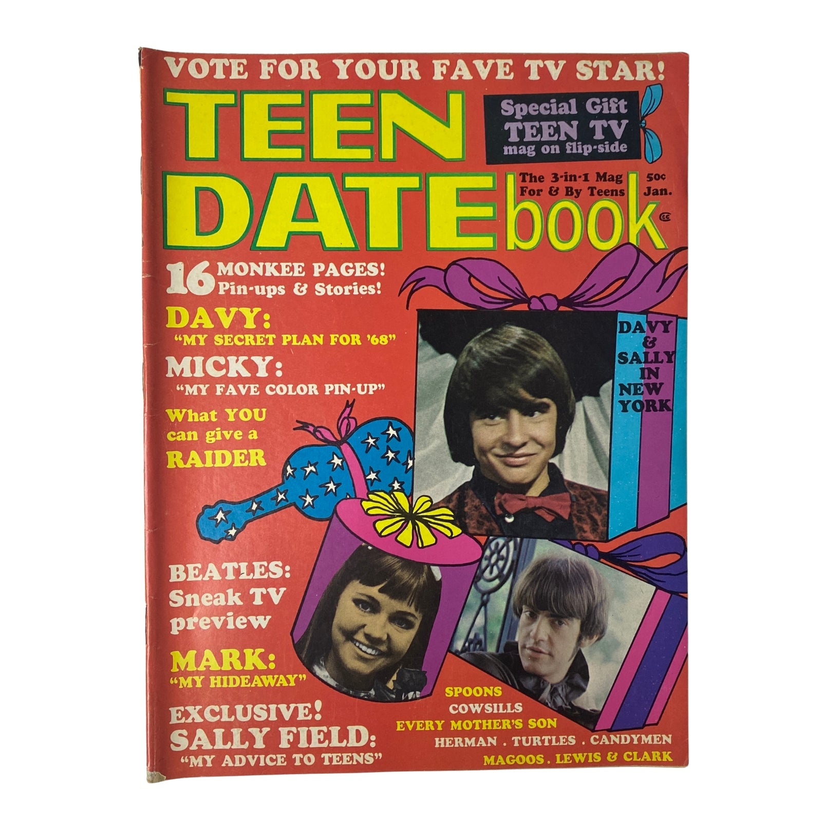 Teen Date Book Magazine January 1968 Vol 6 No. 7 featuring Davy Jones on the cover surrounded by colorful graphics, highlighting pin-ups, stories, and mentions of popular stars of the time.