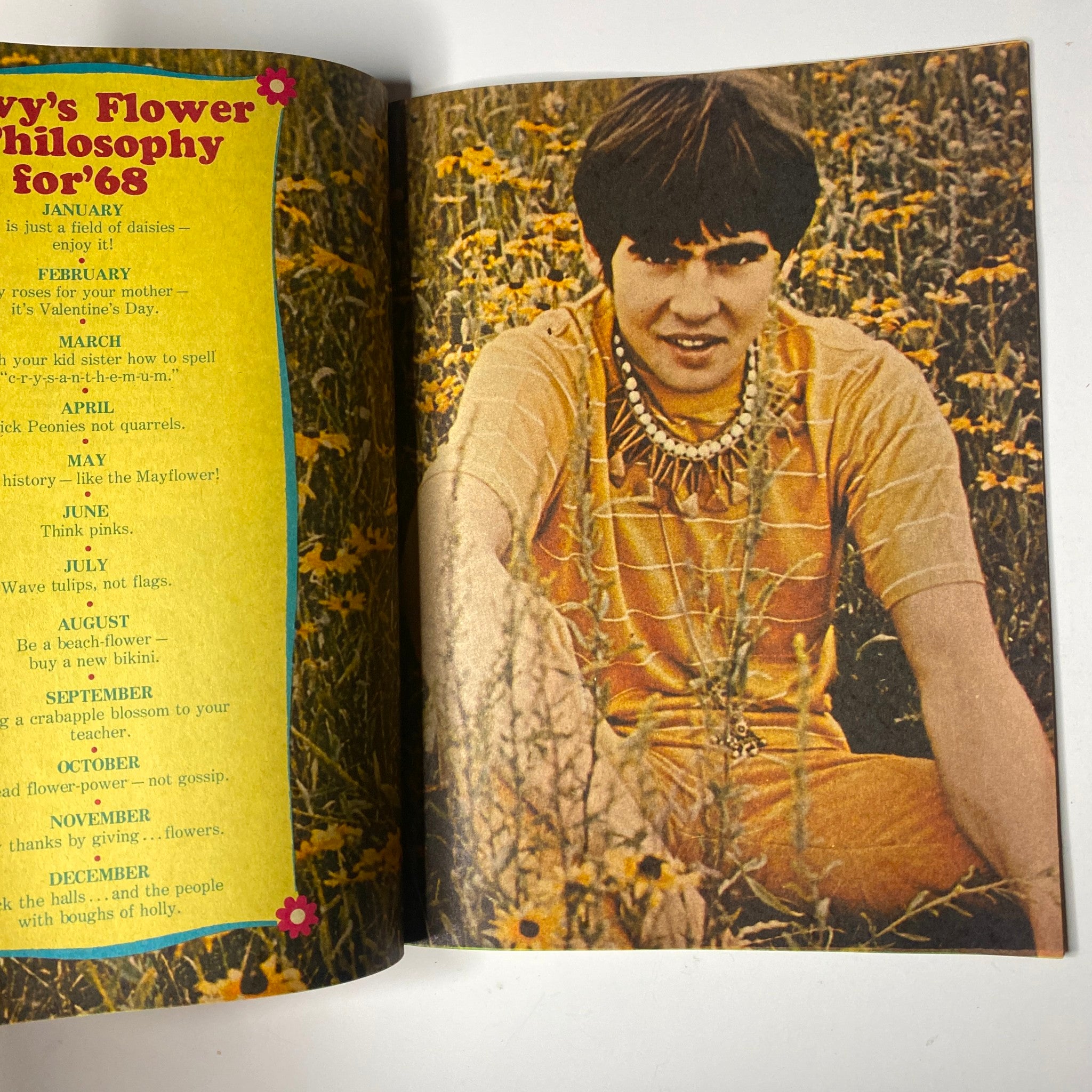 Teen Date Book Magazine January 1968 Vol 6 No 7 featuring Davy Jones with pin-up "Davy's Flower Philosophy for '68" showcasing a young man in a colorful setting surrounded by flowers.