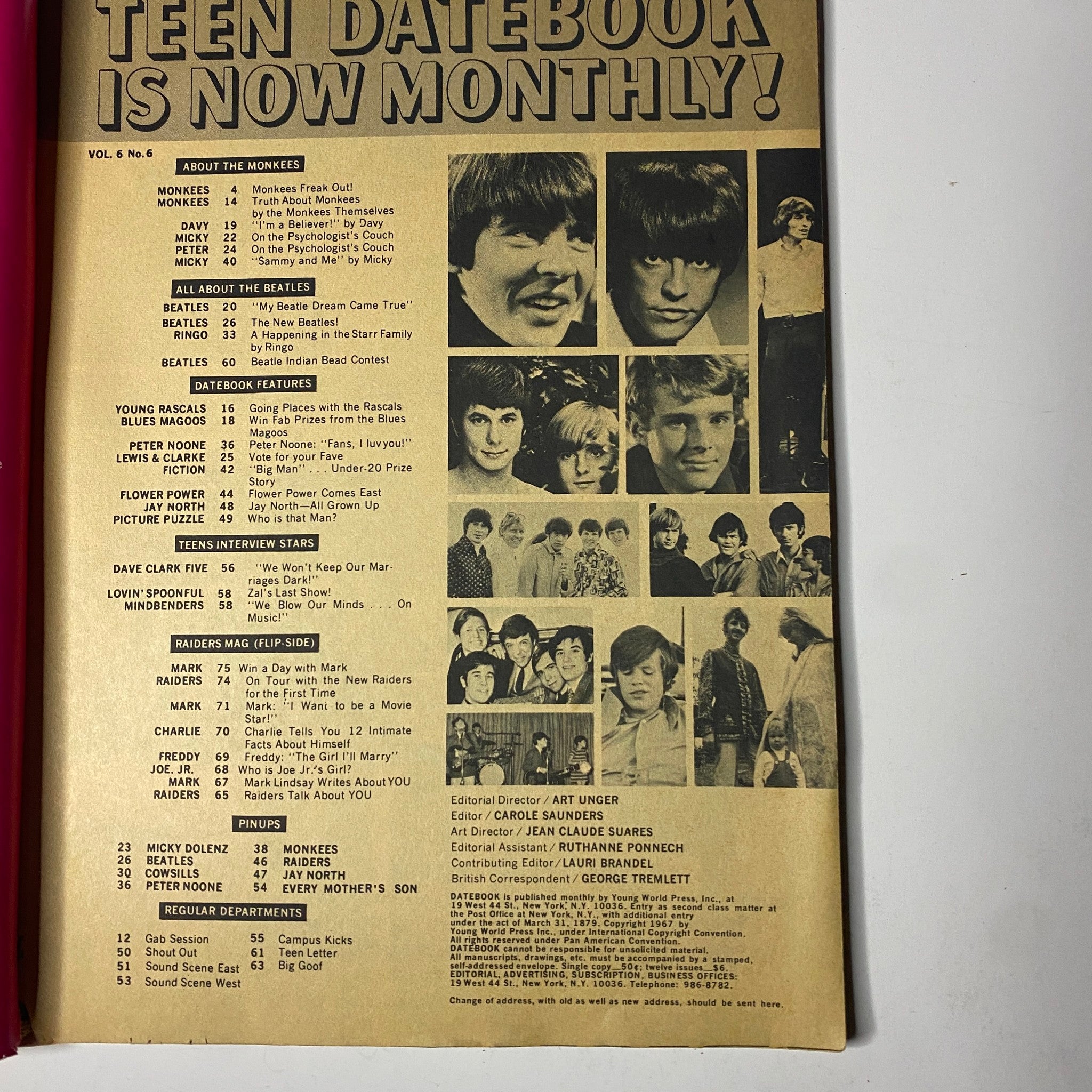 Inside page of Teen Date Book Magazine December 1967, displaying the contents with features on The Monkees, The Beatles, and Raiders Mag. The magazine captures the essence of teen pop culture from the late 1960s.