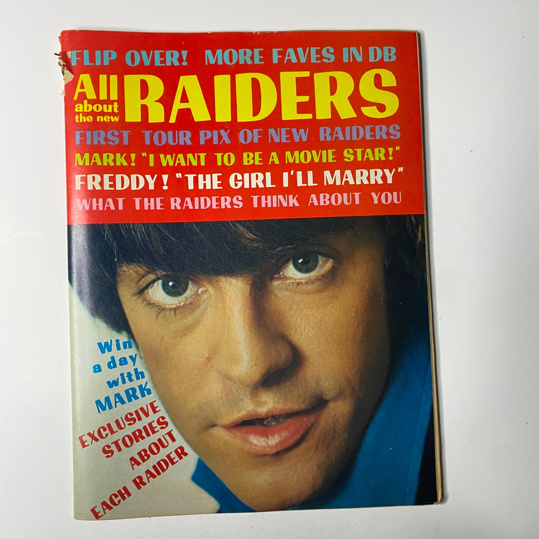 Front cover of the Teen Date Book Magazine featuring The Raiders with the title 'All About the Raiders.' The cover highlights features on each Raider and includes elements of 1960s teen pop culture. Magazine titled 'Teen Date Book Magazine December 1967 The Beatles w Pin-up No Label'.