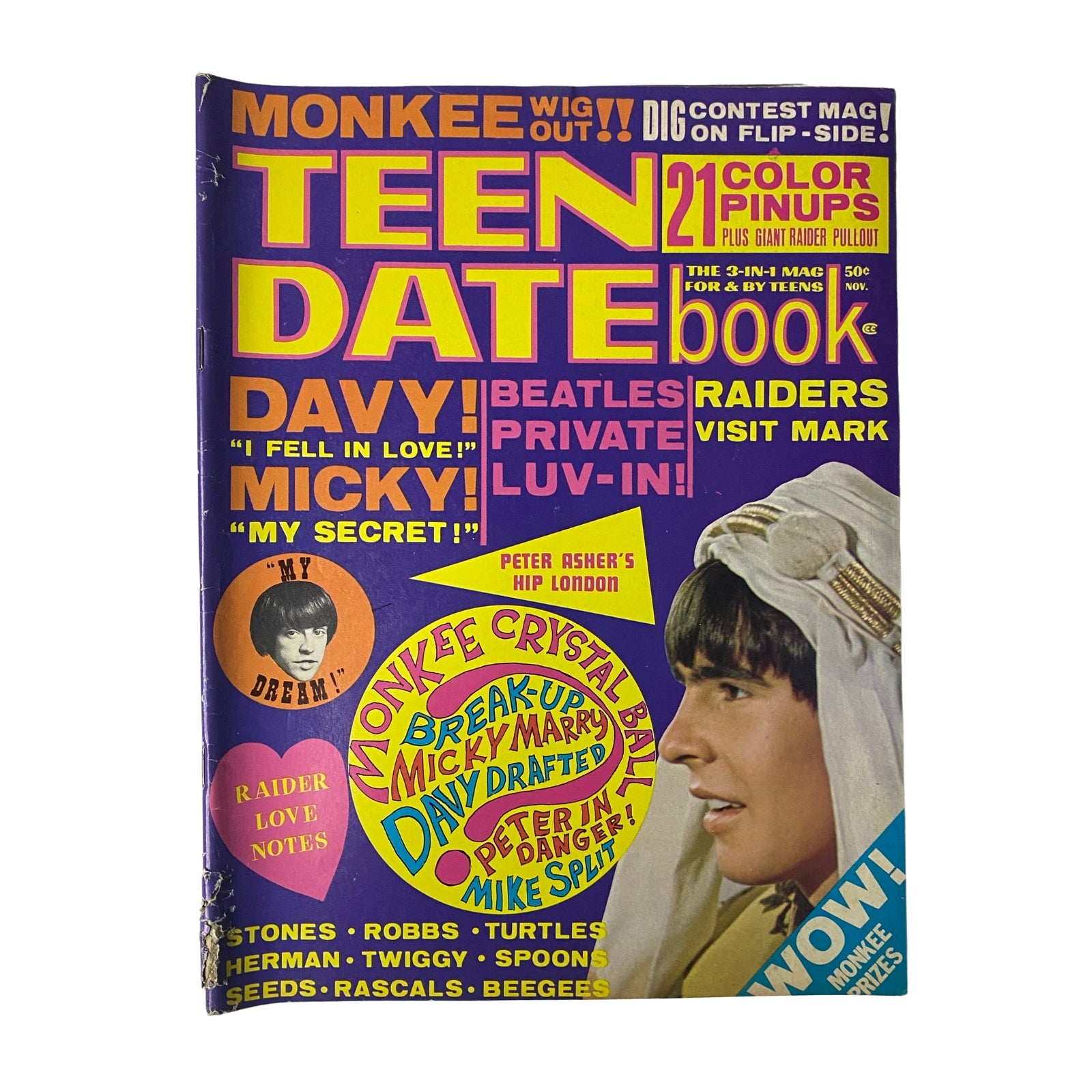 Cover of Teen Date Book Magazine November 1967 featuring Davy Jones, Micky Dolenz, and a collage of pop culture images, including pin-ups and articles about The Monkees and The Beatles.