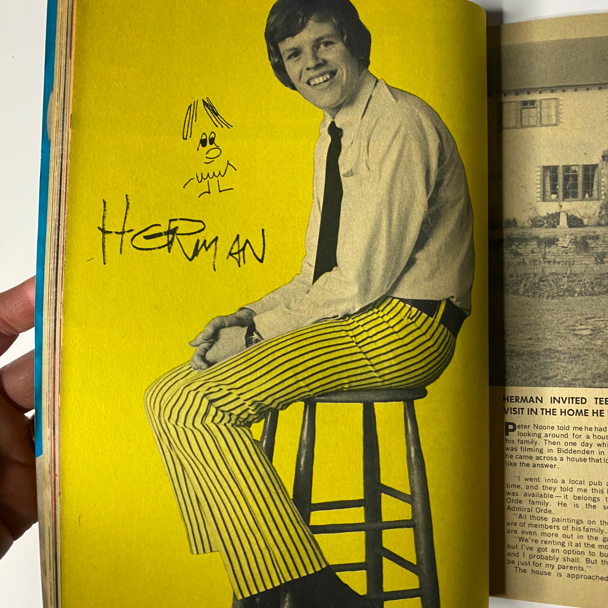 Teen Date Book Magazine November 1967 featuring a striking image of a young man with a unique hairstyle sitting on a stool, wearing stylish striped pants, and a signed artwork titled 'Herman.' Vintage pop culture collectible.