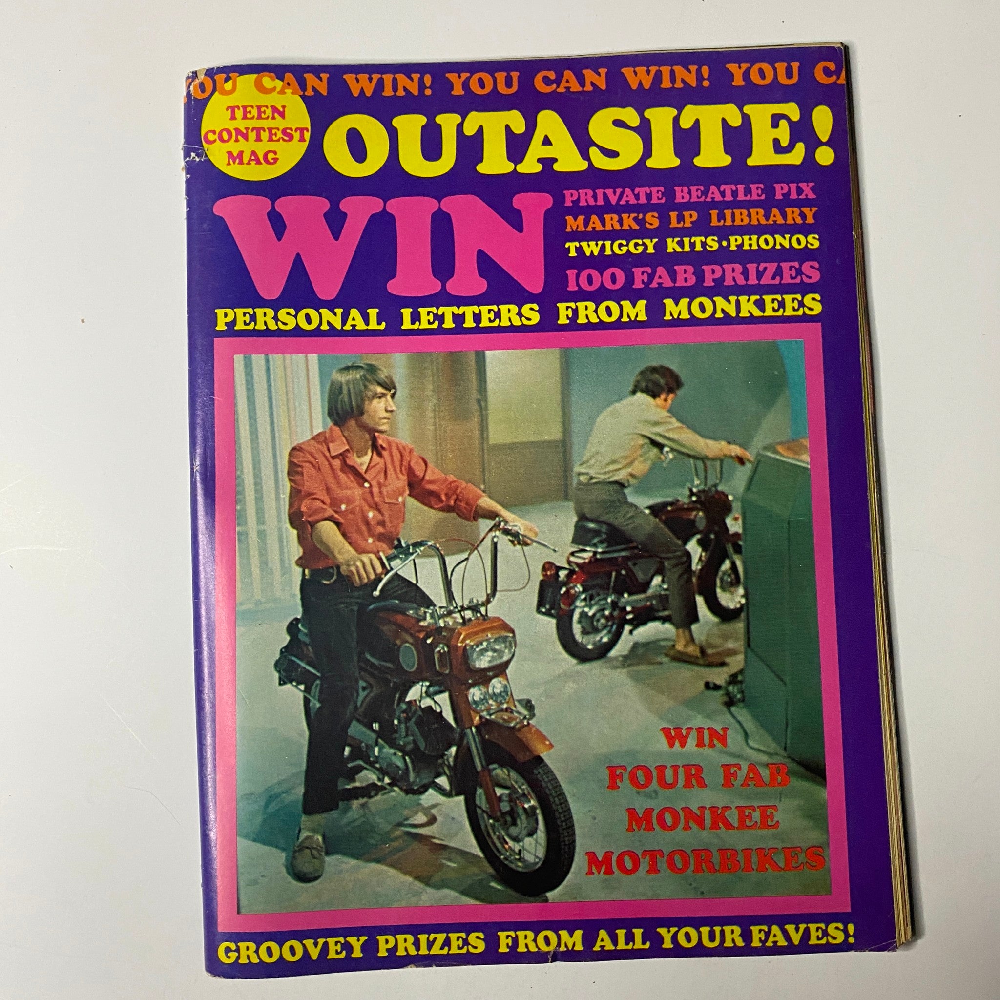 Teen Date Book Magazine November 1967 showcasing the 'Outasite!' contest cover. Brightly colored design with bold text promoting contests and prizes, featuring images of boys on motorcycles, celebrating 1960s youth culture.