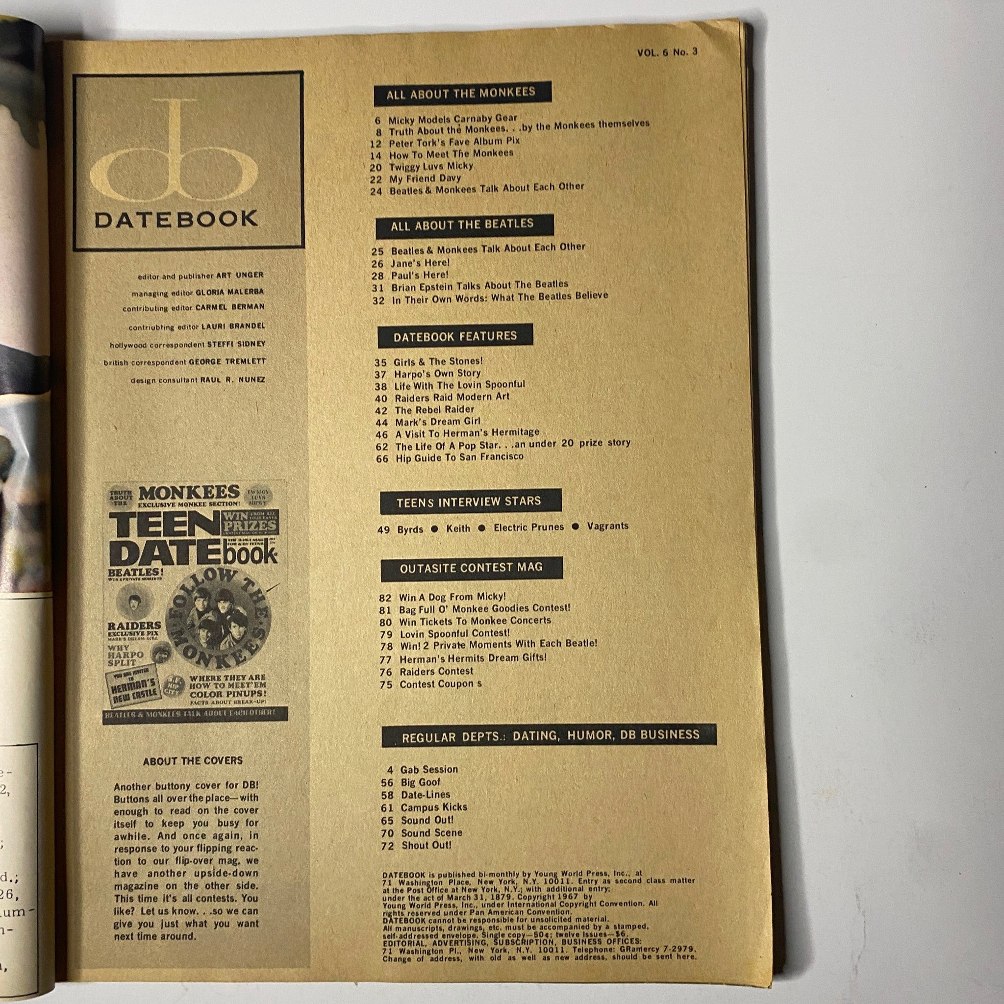 Interior page of Teen Date Book Magazine July 1967 Vol 6 No. 3 showcasing the Table of Contents, focusing on articles about The Monkees and The Beatles.