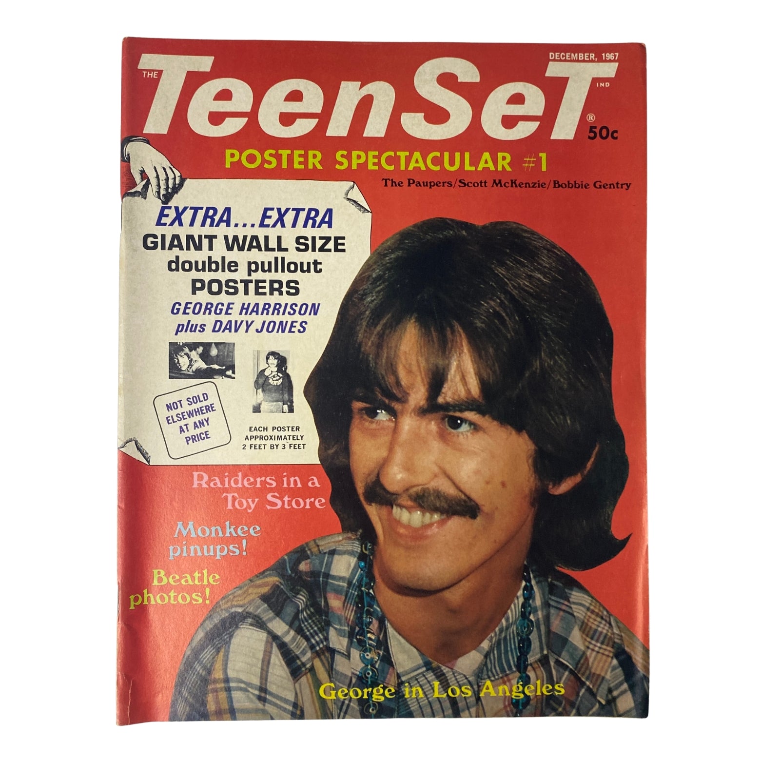 TeenSet Magazine December 1967 featuring George Harrison on the cover, highlighting posters and pin-ups related to The Beatles and The Monkees, ideal for collectors.