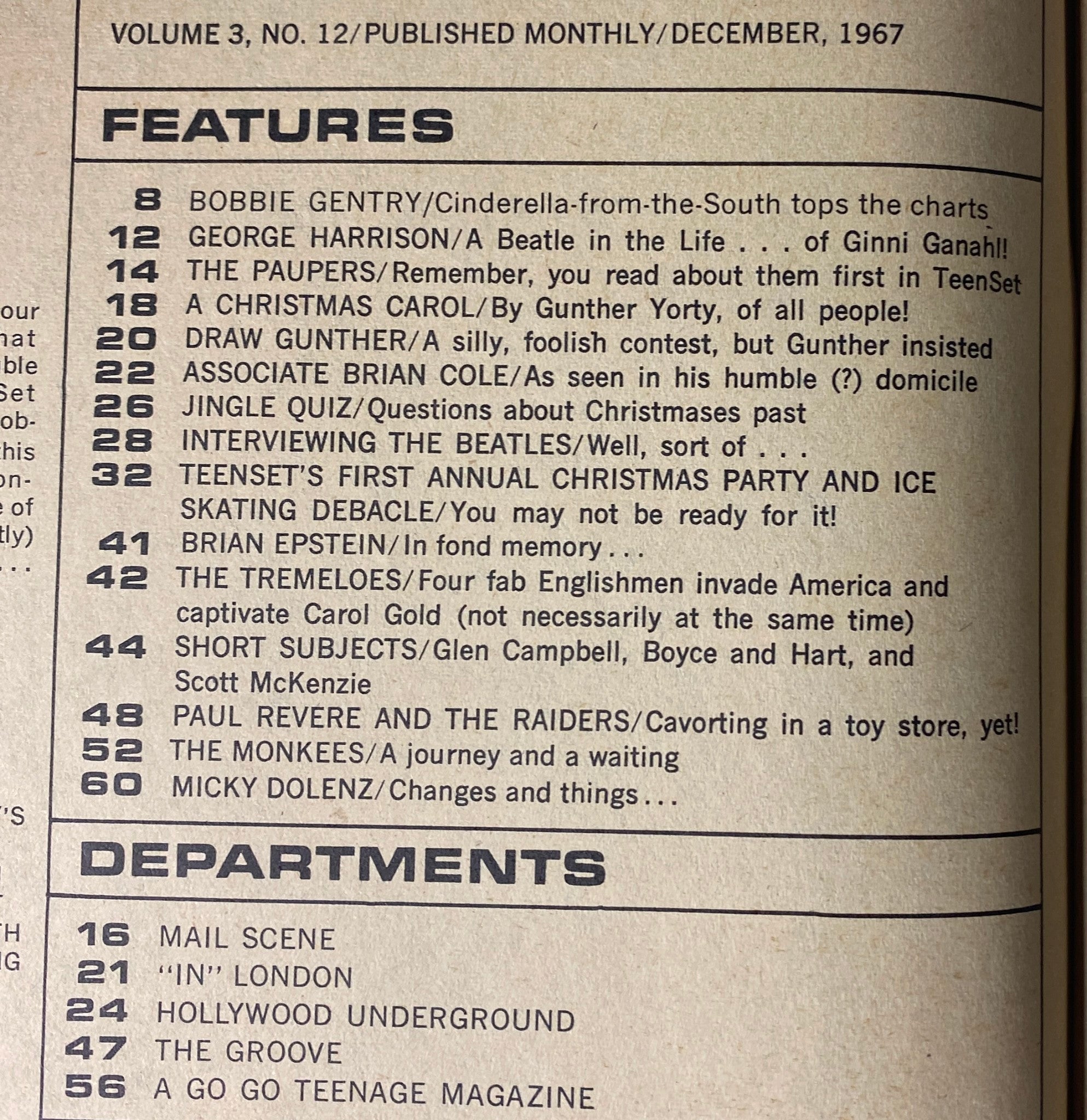Table of contents for Teen Set Magazine December 1967 featuring George Harrison, Bobbie Gentry, and The Monkees. Highlights include seasonal features and interviews with pop idols, ideal for vintage magazine collectors.