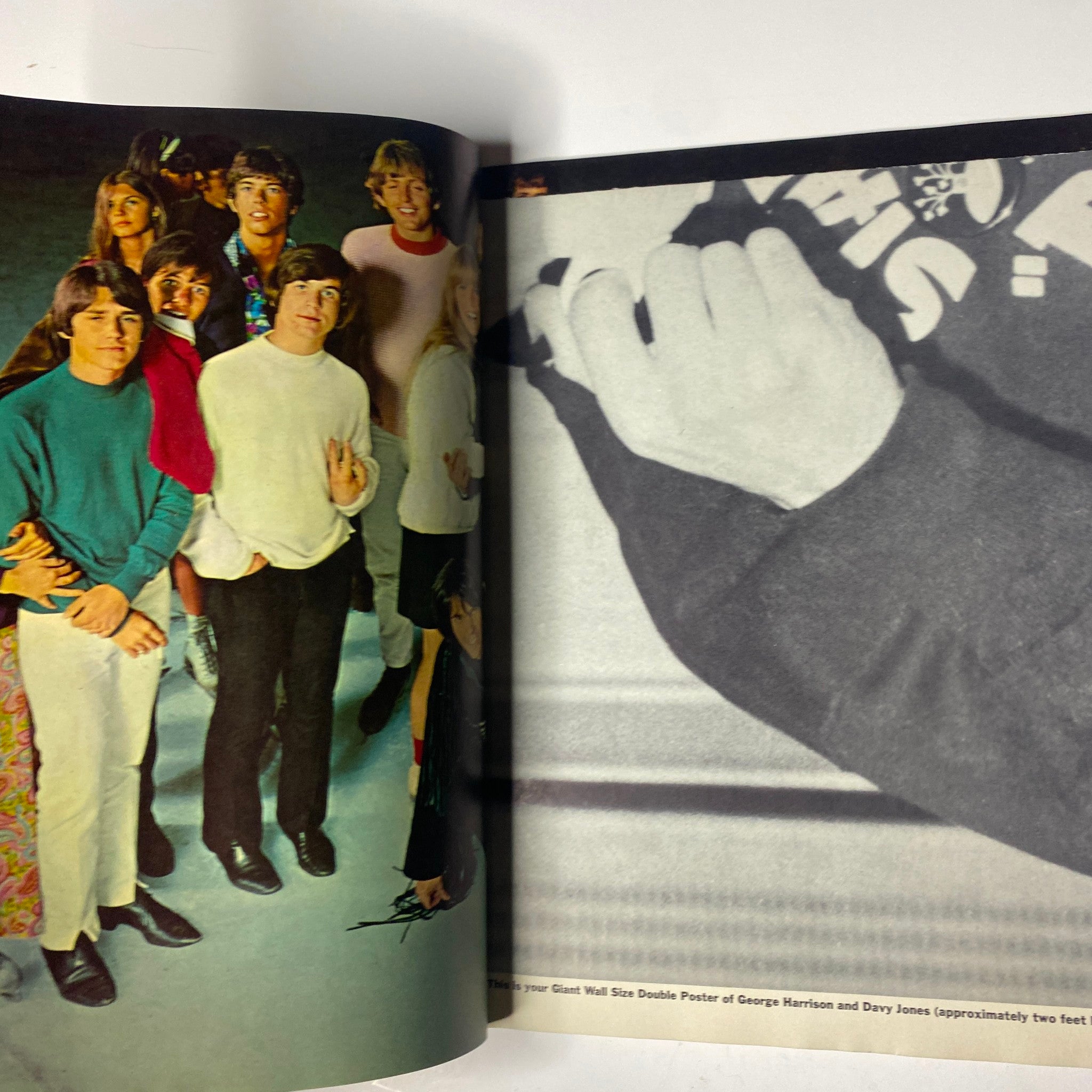 Inside spread of Teen Set Magazine December 1967 showing George Harrison and Davy Jones poster and pin-up. Perfect for Beatles and Monkees fans.