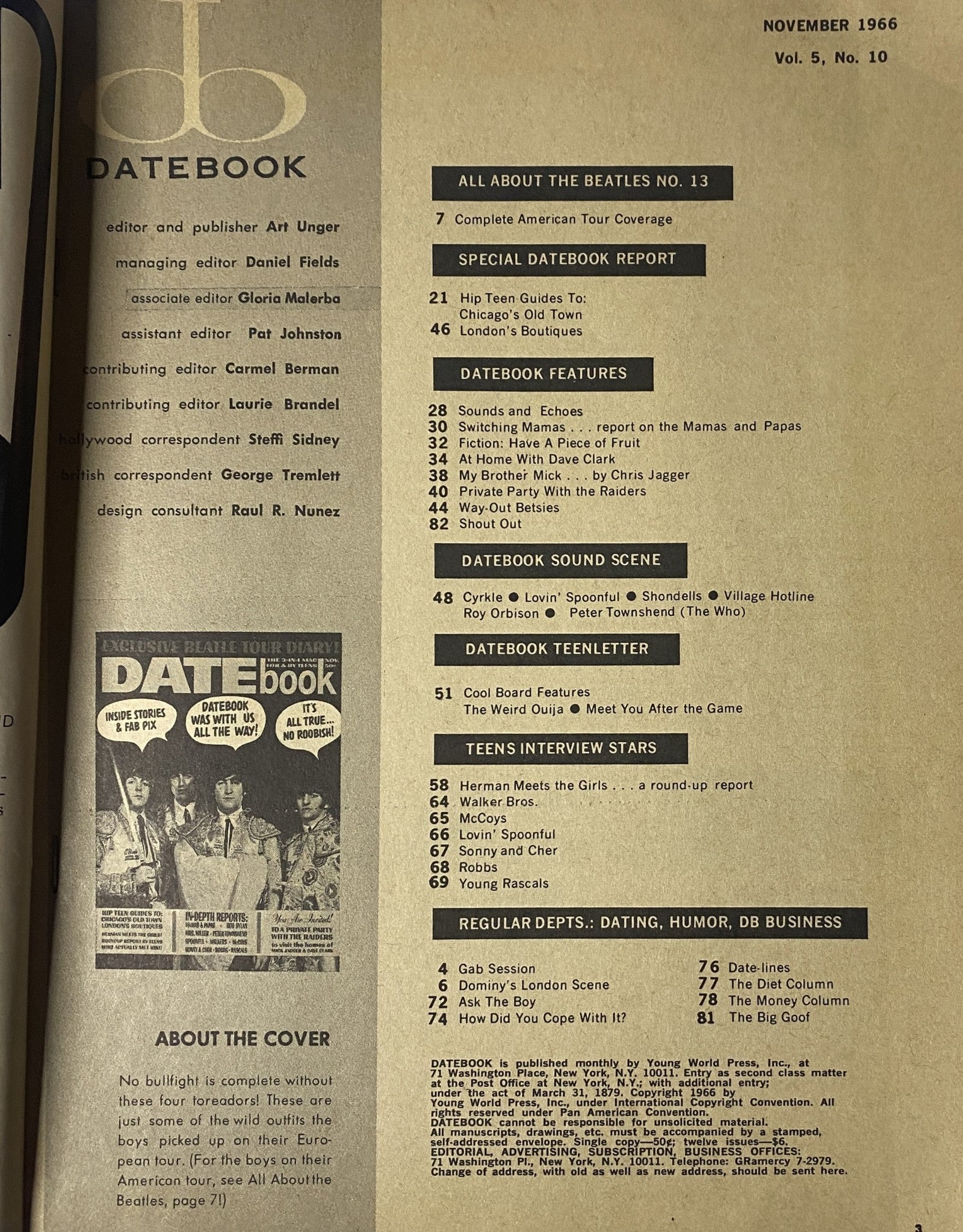 Table of contents for Datebook Magazine November 1966 featuring The Beatles cover, highlighting articles such as American tour coverage and special reports on popular music.