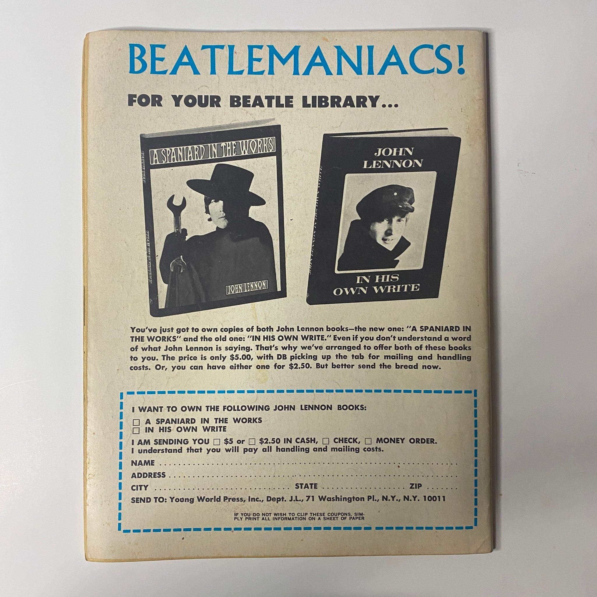 Advertisement for John Lennon books featured in Datebook Magazine Spring 1966 Vol. 5 No. 6 – All About The Beatles, promoting Beatles literature.