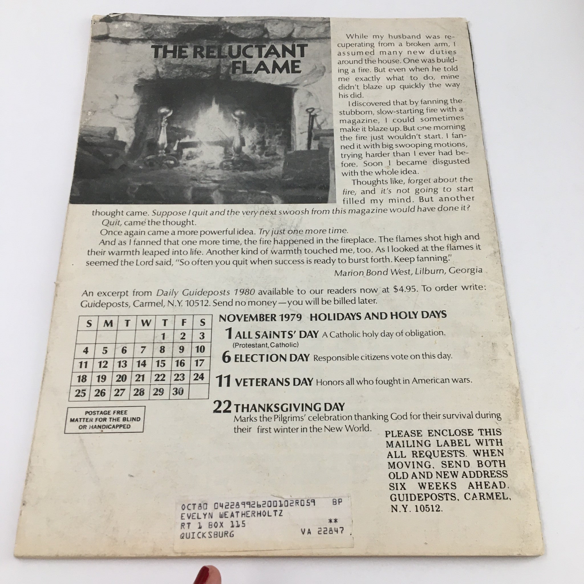 Back cover of Guideposts Magazine November 1979 with a fireplace illustration and details about the magazine's content, including holidays and motivational themes.