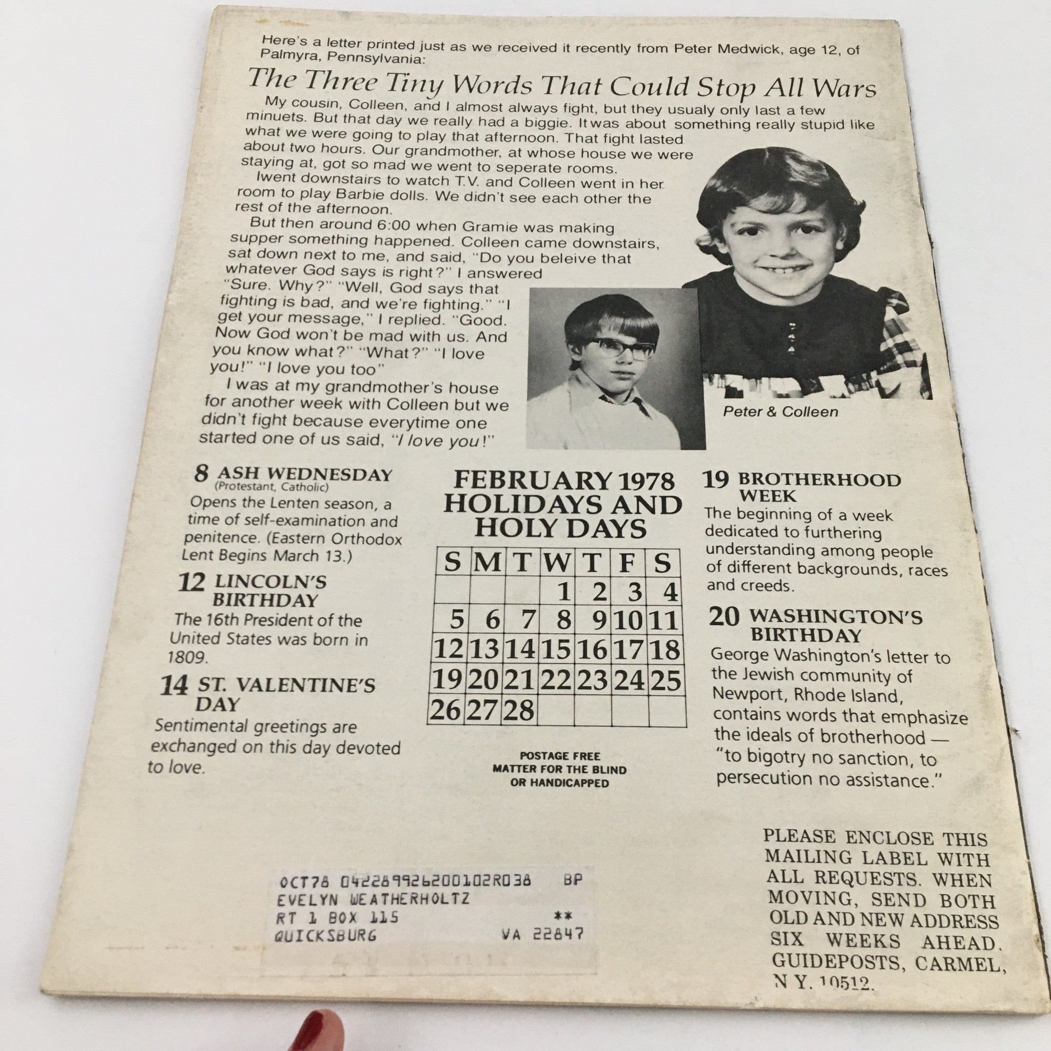 Back cover of the Guideposts Magazine February 1978, featuring a letter section and a children's photograph, highlighting the magazine's nostalgic content from the era.