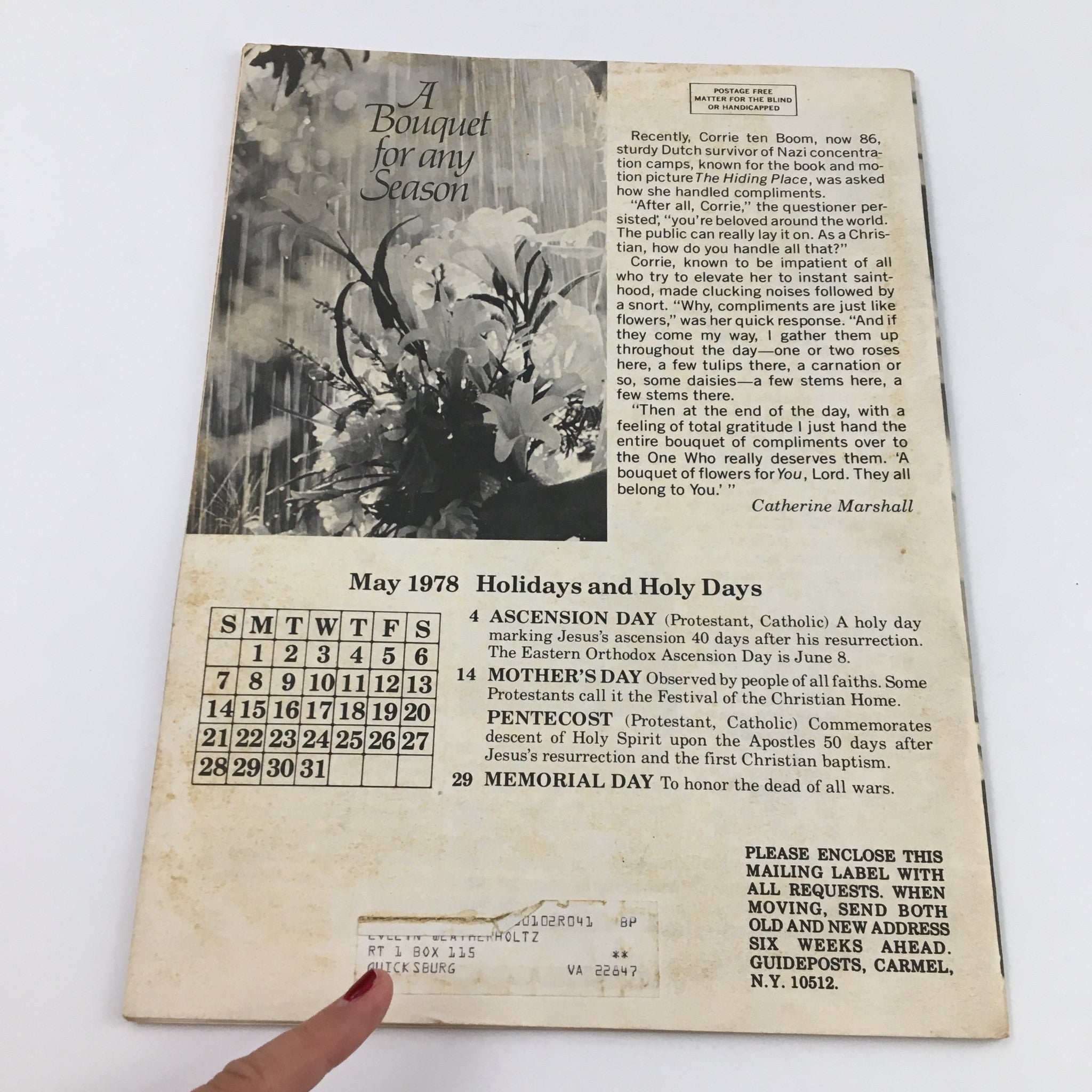 Back cover of Guideposts Magazine May 1978 showcasing an article titled 'A Bouquet for any Season' and a calendar of May 1978 holidays, along with mailing label details.
