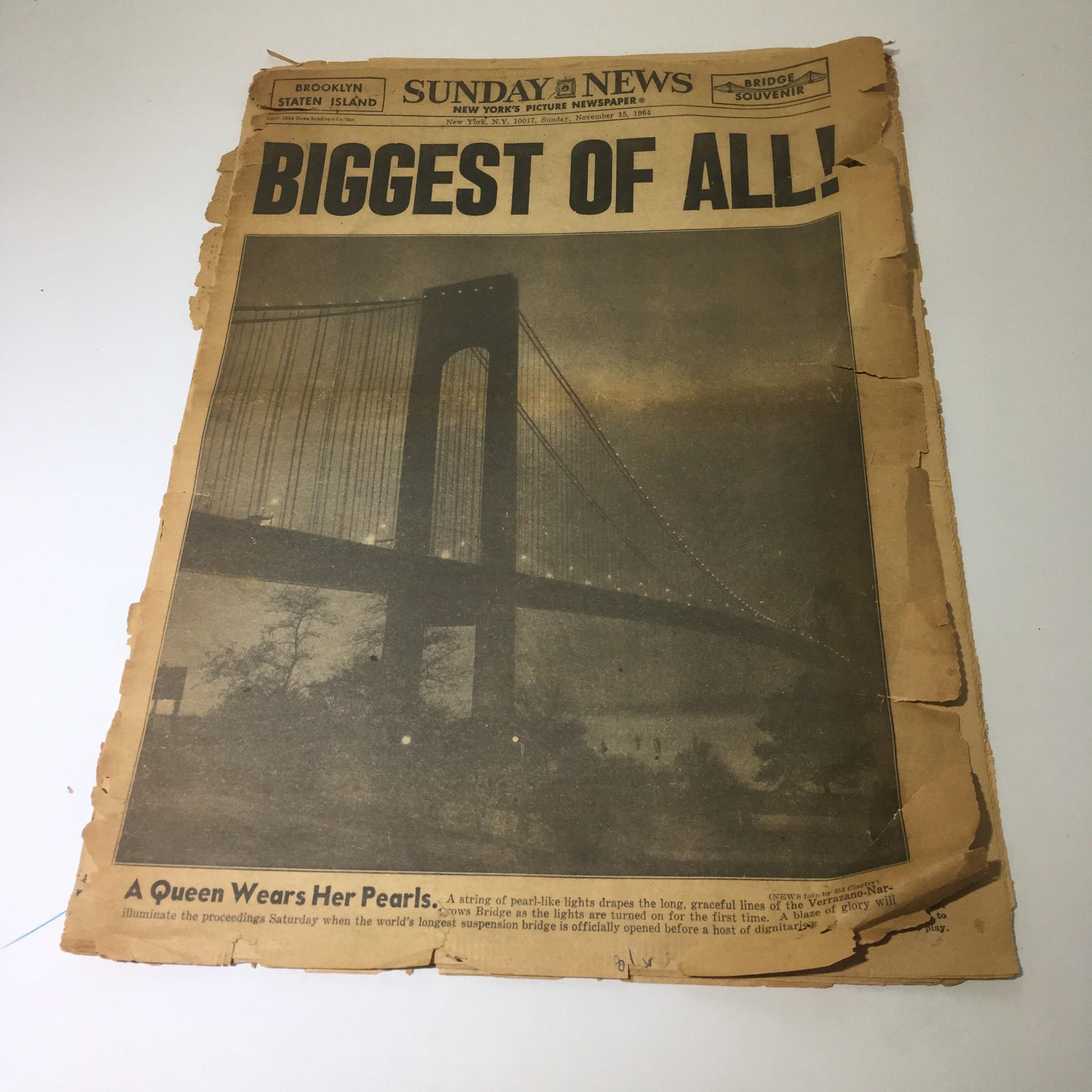 Vintage & Rare NY Daily News from November 15, 1964, showcasing the title 'BIGGEST OF ALL!' with an iconic image of the Verrazzano-Narrows Bridge.