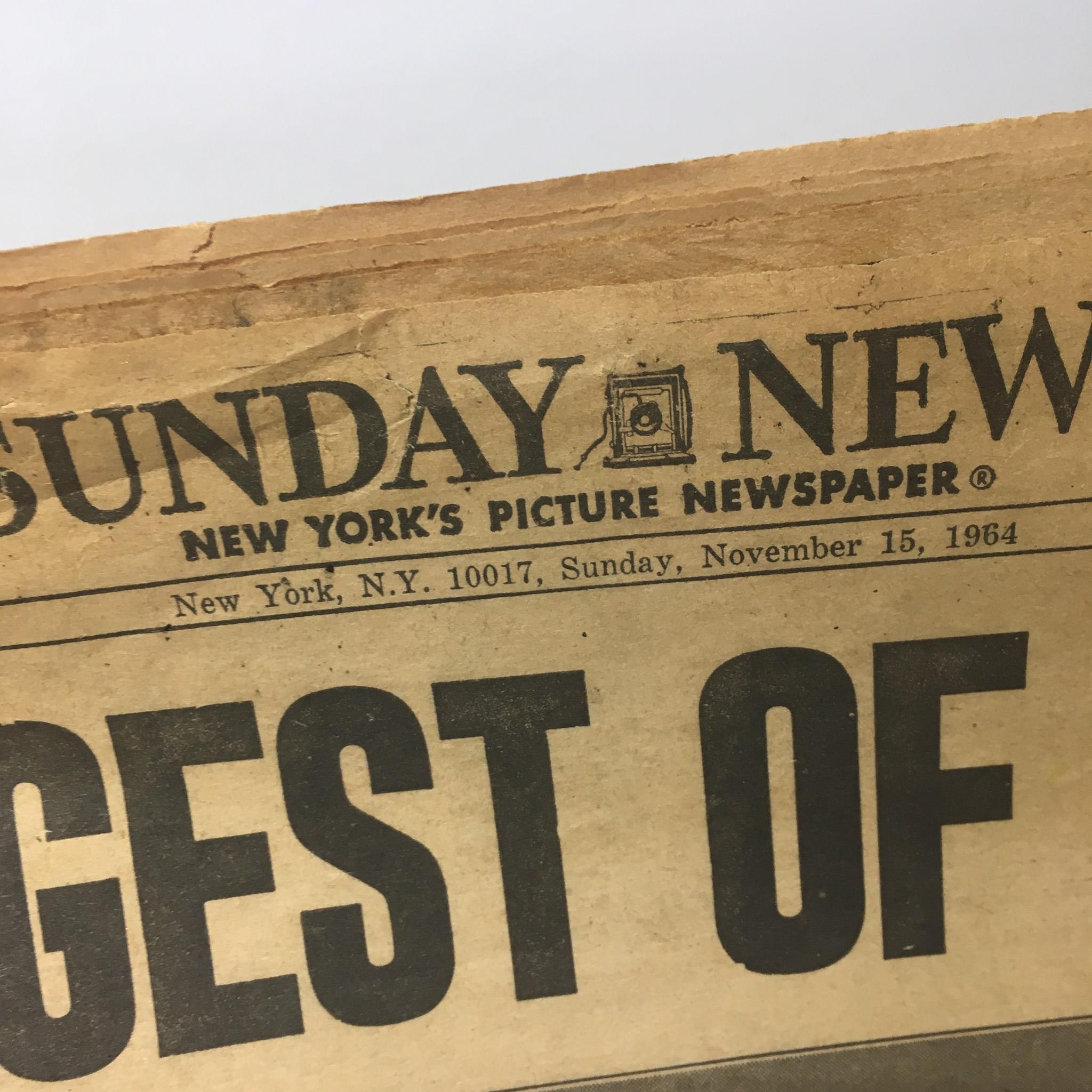 Header of the Vintage & Rare NY Daily News from November 15, 1964, featuring a bold title 'BIGGEST OF ALL!' and the newspaper's branding.