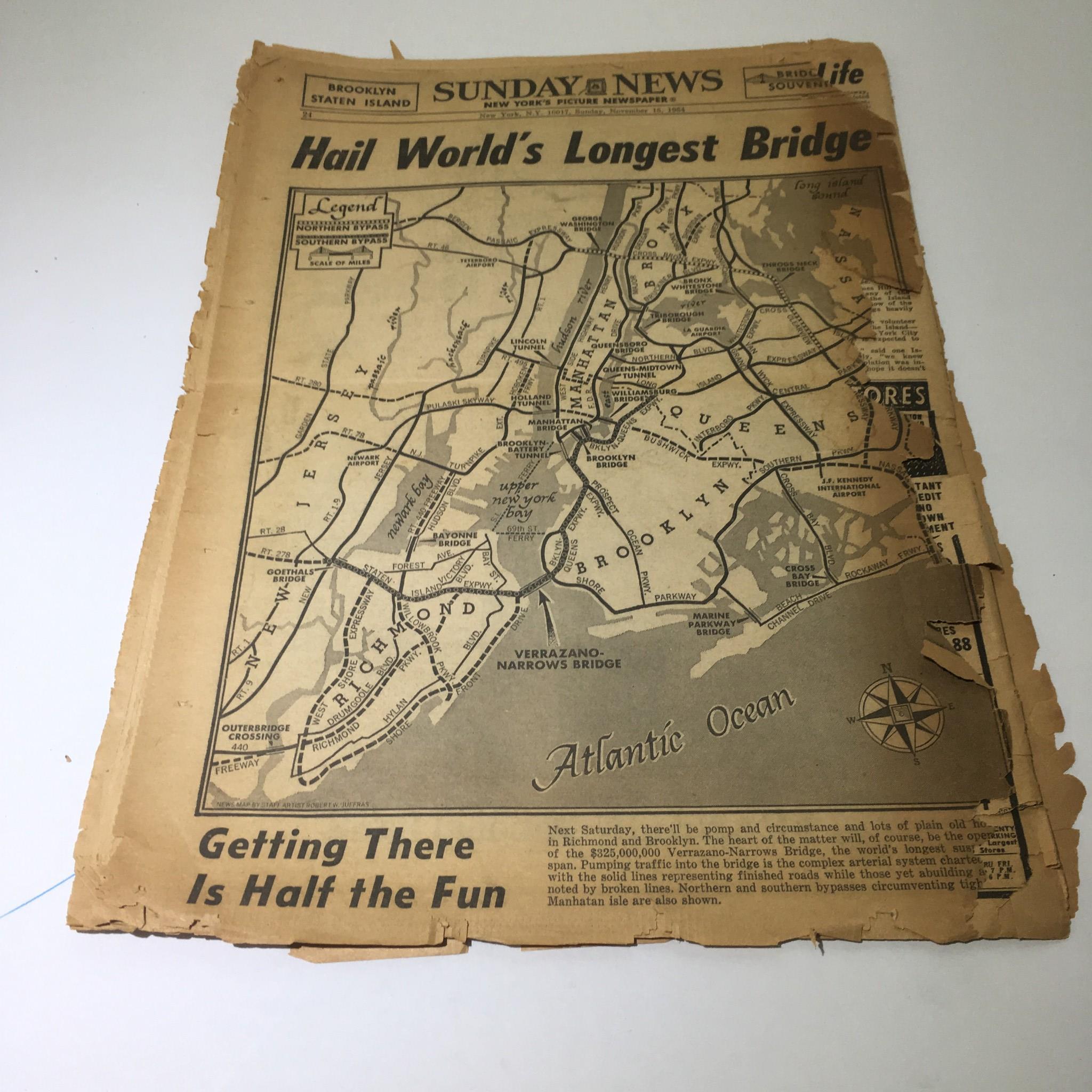 Map featured in the Vintage & Rare NY Daily News, November 15, 1964, illustrating routes to the 'World's Longest Bridge' - the Verrazzano-Narrows Bridge.