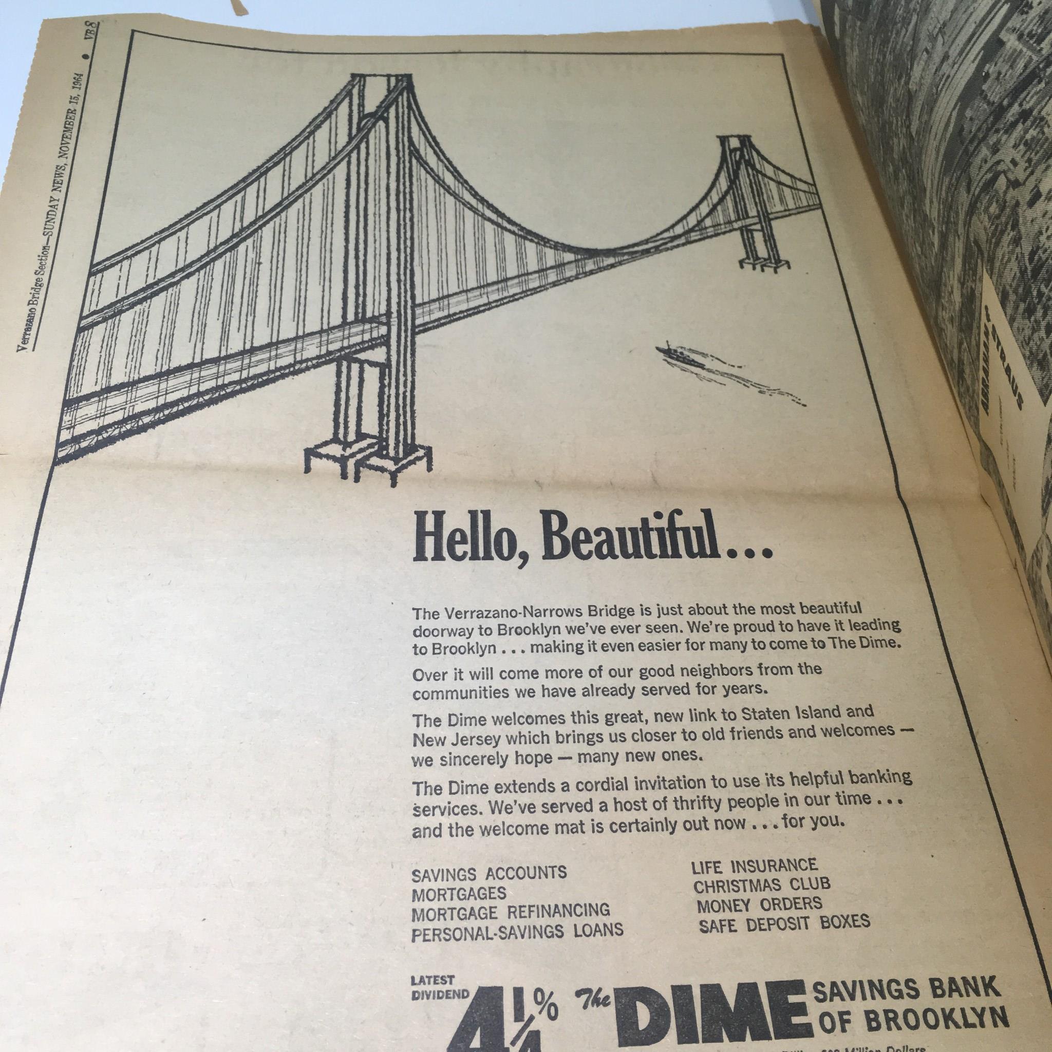 Advertisement in the Vintage & Rare NY Daily News, November 15, 1964, promoting the Verrazzano-Narrows Bridge, stating 'Hello, Beautiful...' with an illustration of the bridge.