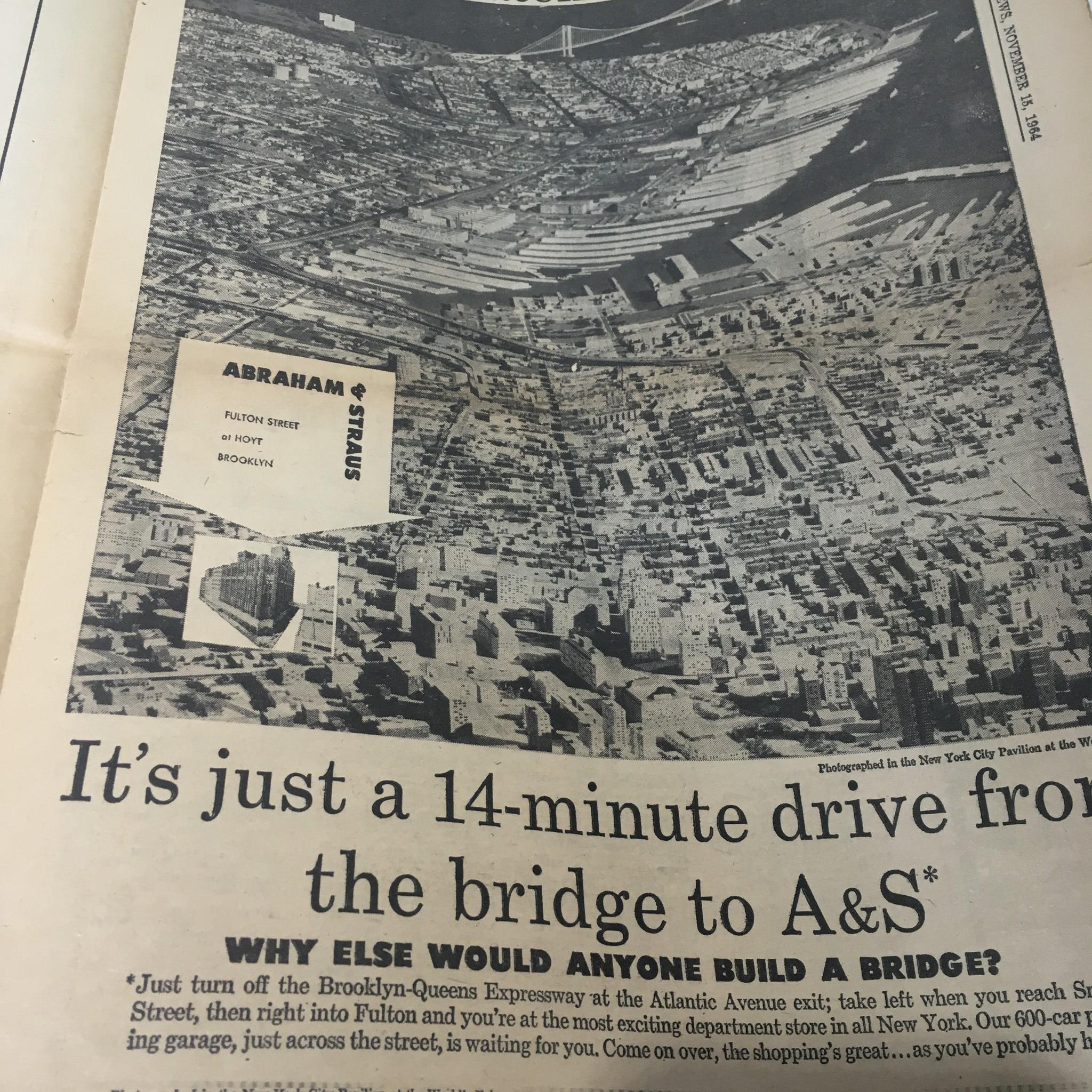 Bird's-eye view of Brooklyn from the November 15, 1964 NY Daily News titled 'Vintage & Rare NY Daily News: November 15 1964 Biggest of All!'. The image displays urban infrastructure and layout with notable landmarks.