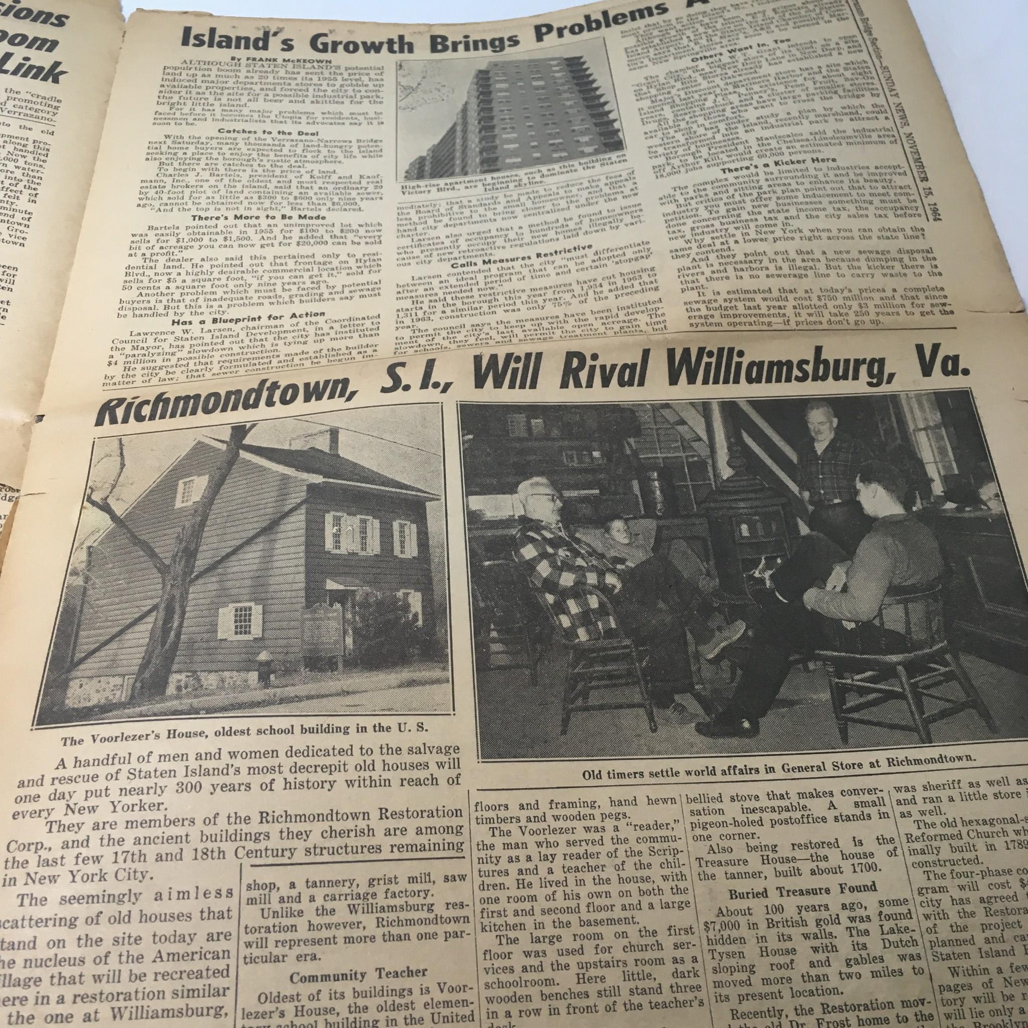 Historic article about Richmondtown, Staten Island, from the November 15, 1964 NY Daily News titled 'Vintage & Rare NY Daily News: November 15 1964 Biggest of All!'. Features houses and a discussion of the area's history.