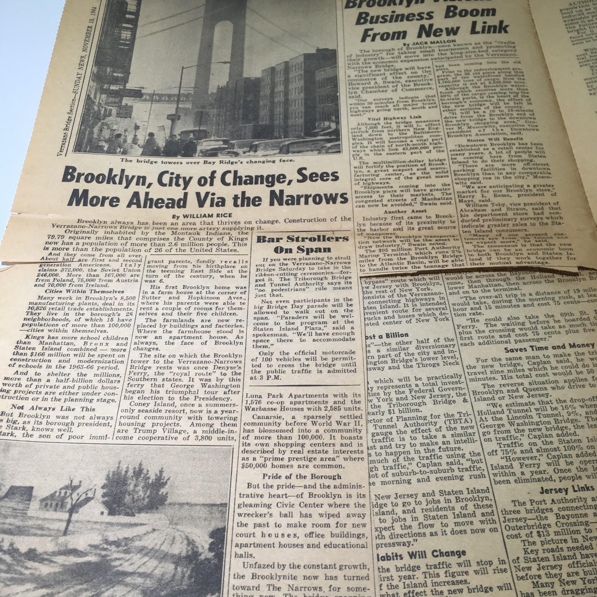 Coverage of Brooklyn's transformation and business growth in the November 15, 1964 NY Daily News titled 'Vintage & Rare NY Daily News: November 15 1964 Biggest of All!'. The article discusses urban development and infrastructure.