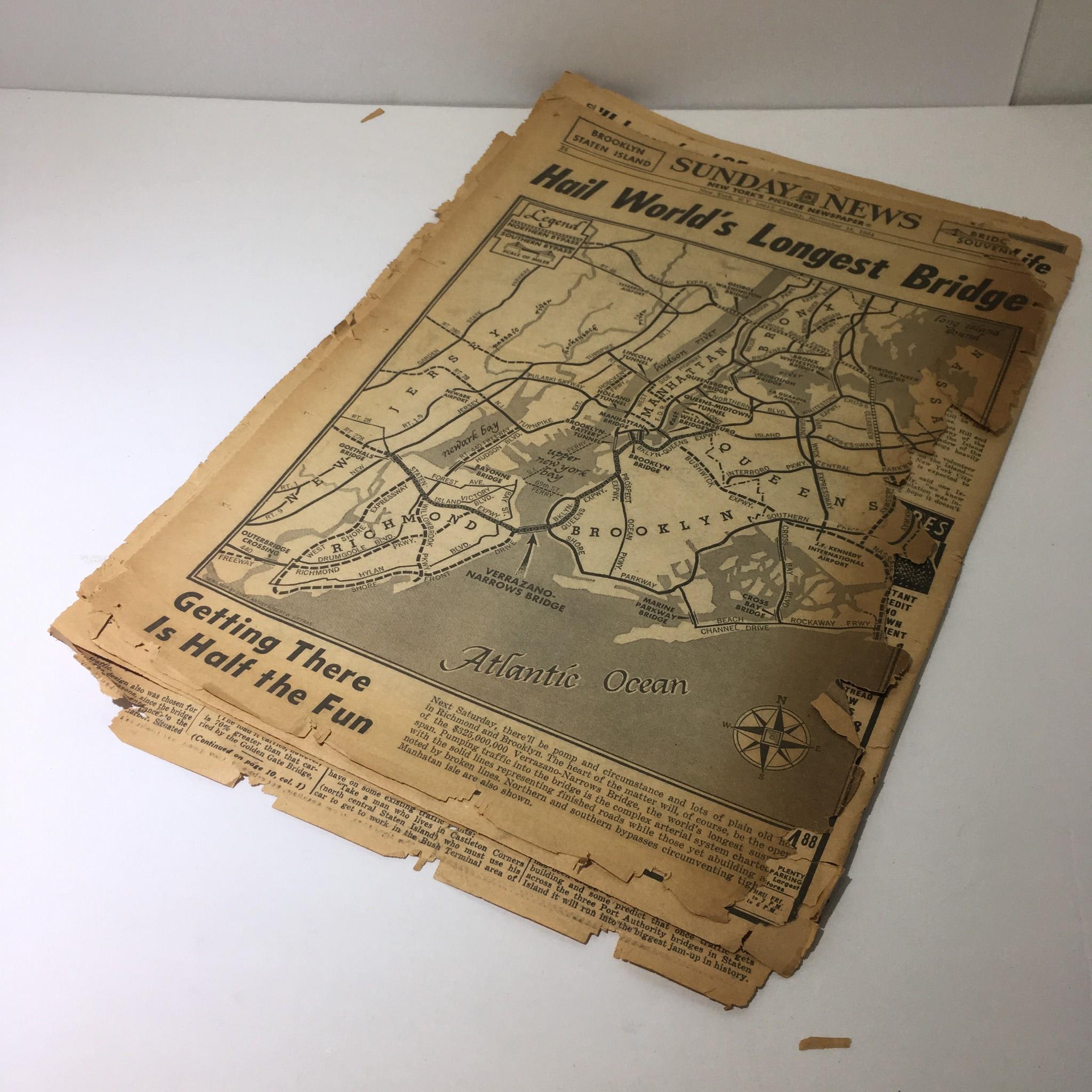Map showing the new bridge routes related to Brooklyn and Staten Island from the November 15, 1964 NY Daily News titled 'Vintage & Rare NY Daily News: November 15 1964 Biggest of All!'. The image highlights transportation connections.