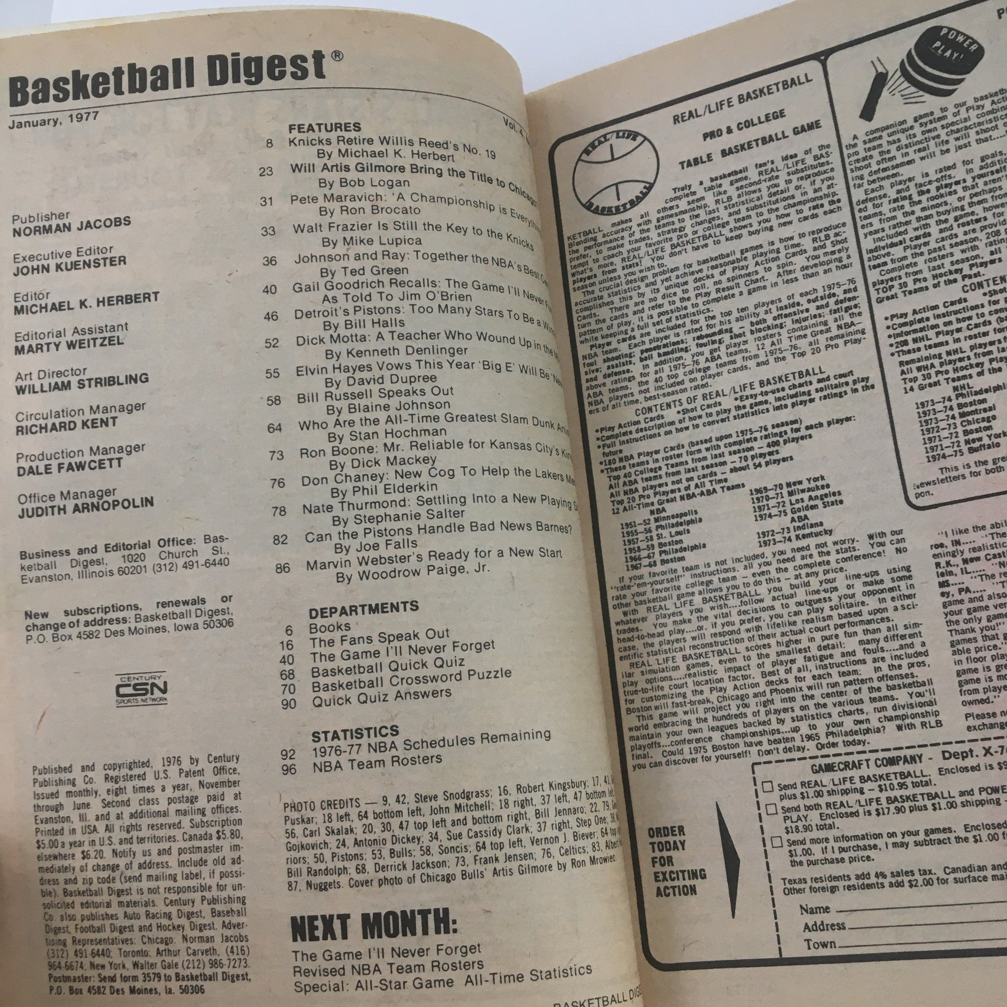 Basketball Digest Magazine January 1977 NBA Chicago Bulls Artis Gilmore No Label