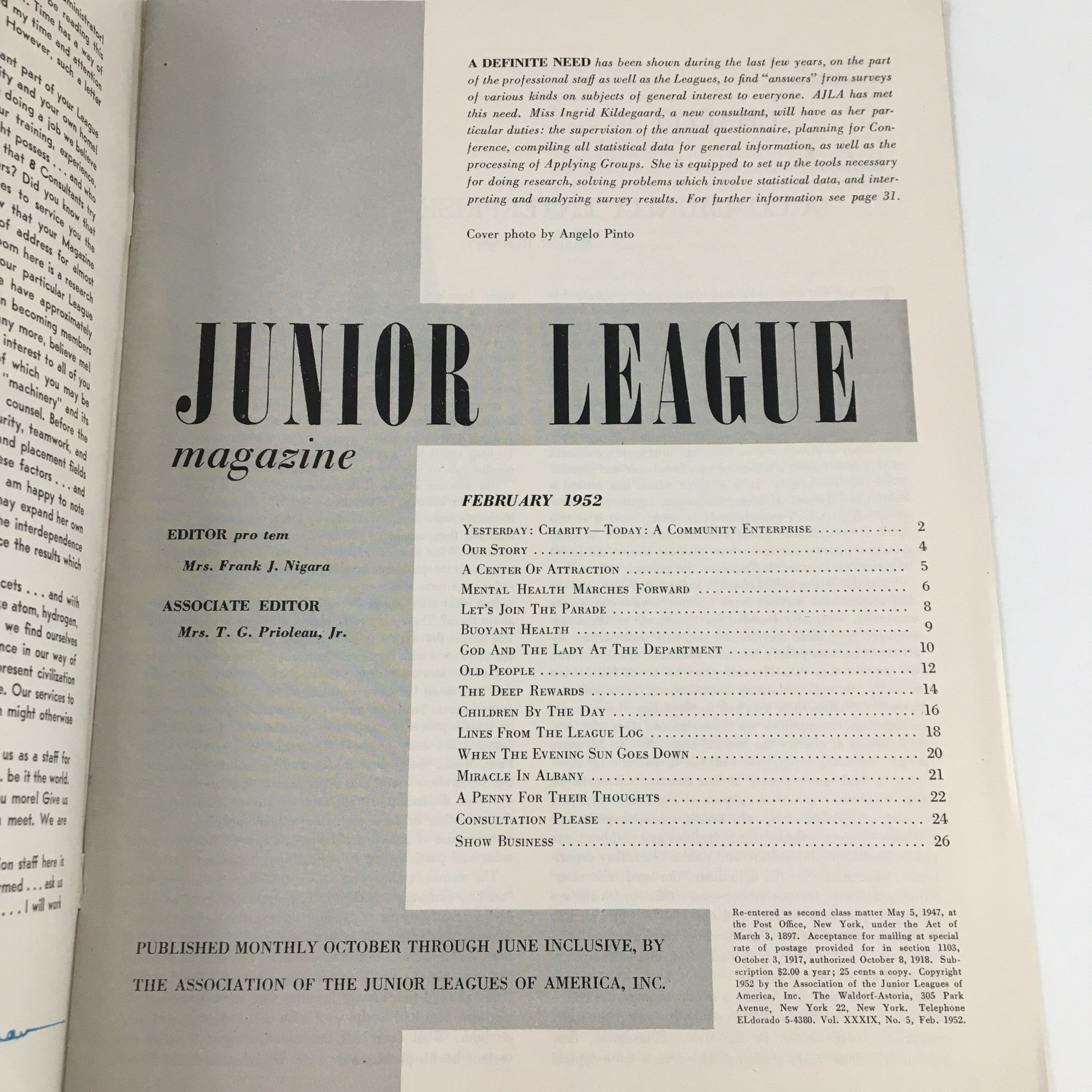 Junior League Magazine February 1952 Mental Health Marches Forward No Label