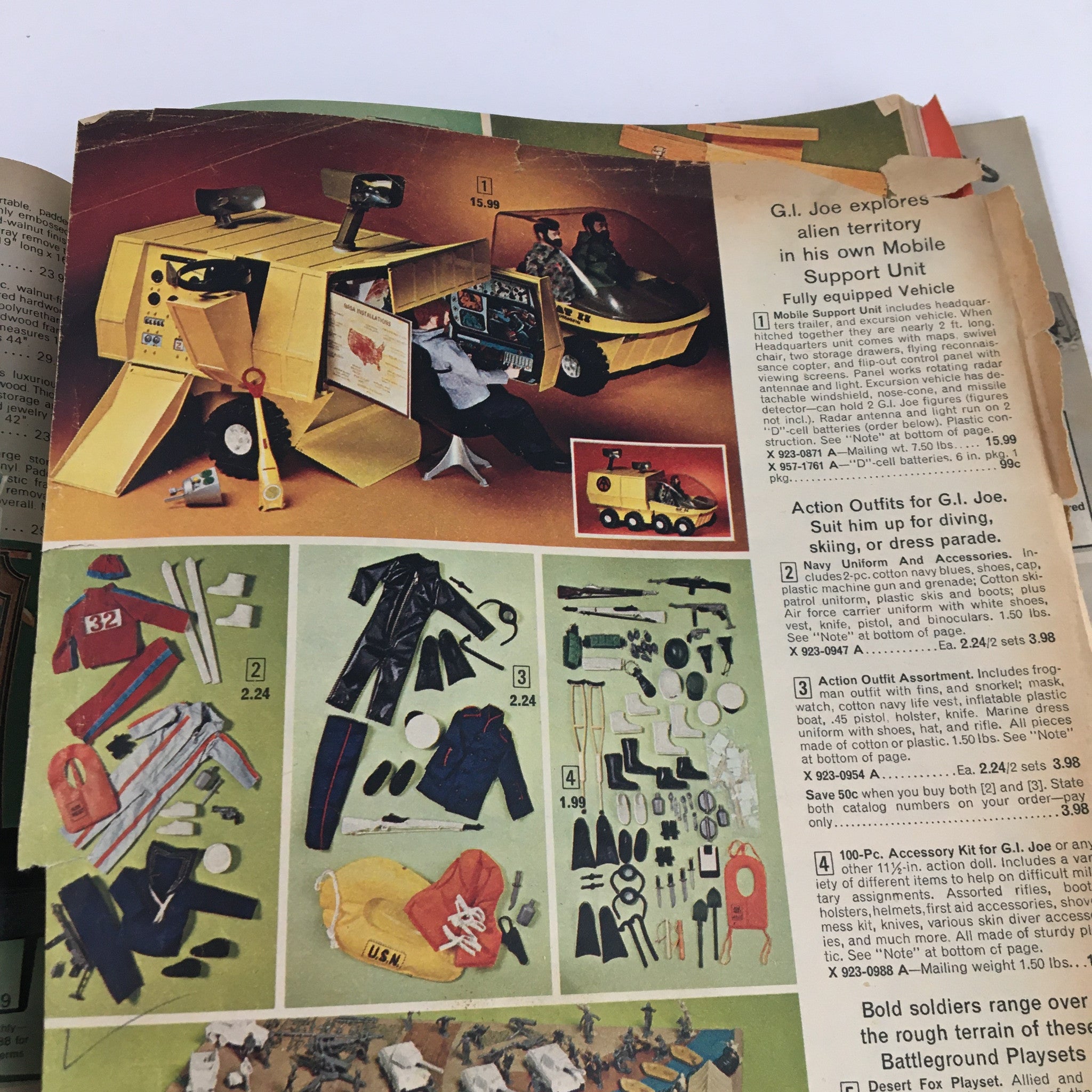 Inside page of the 1972 JCPenney Christmas Toys and Giftwares Price Guide Catalog displaying the G.I. Joe Mobile Support Unit, featuring toys and accessories from the 1972 holiday season.