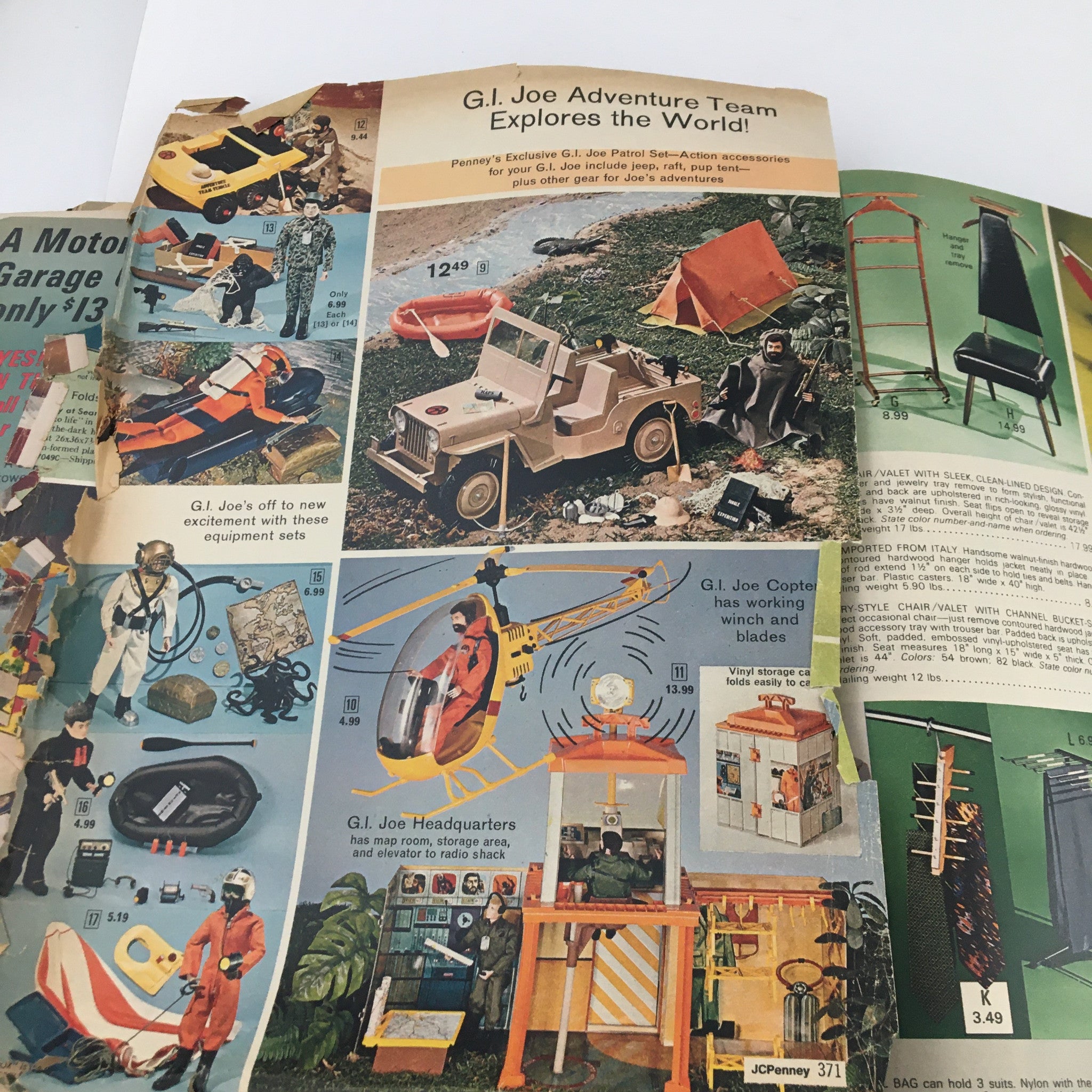 1972 JCPenney Christmas Toys and Giftwares Price Guide Catalog featuring G.I. Joe Adventure Team toys showcasing exploration vehicles and playsets.