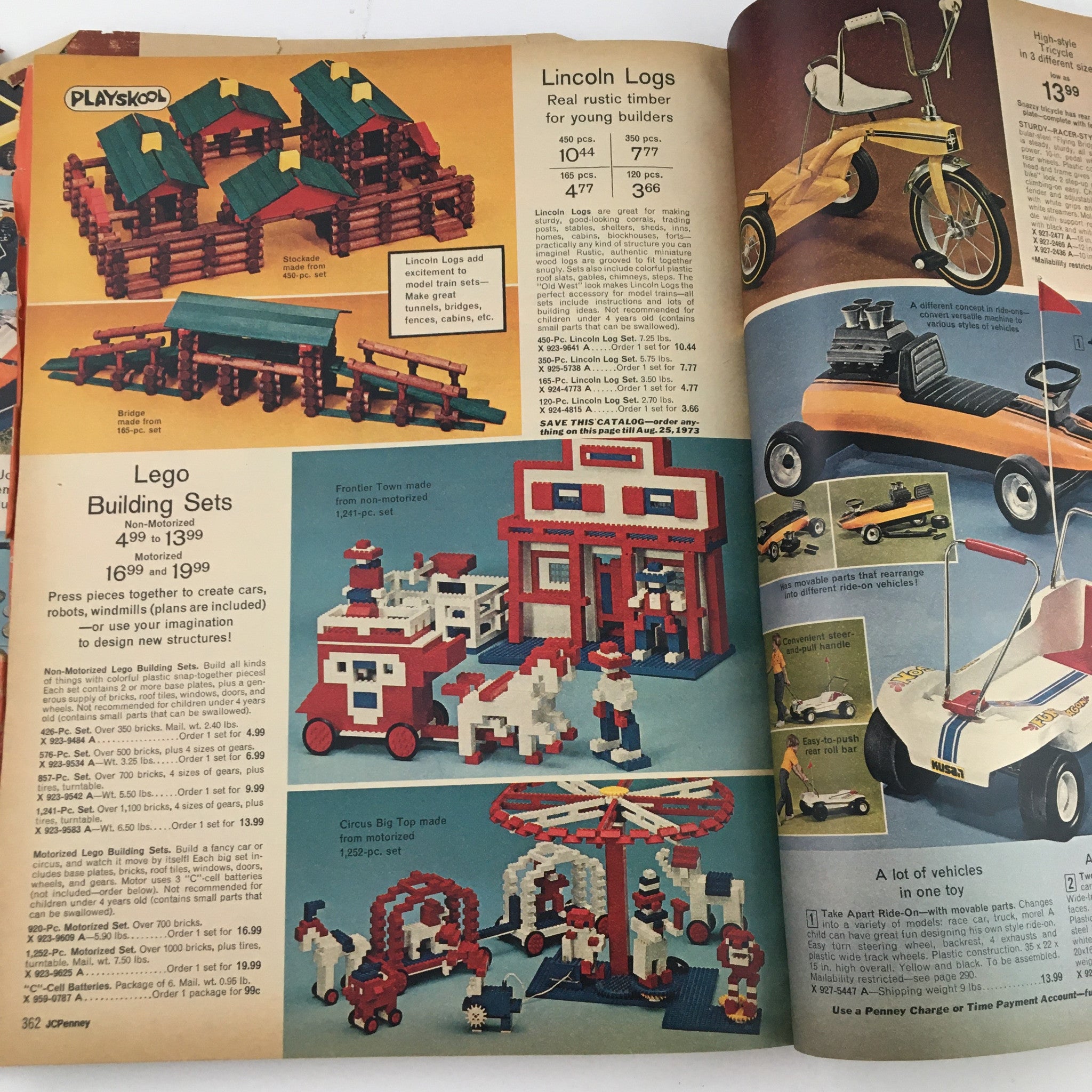 1972 JCPenney Christmas Toys and Giftwares Price Guide Catalog highlighting building sets including Lincoln Logs and Lego building kits for children.