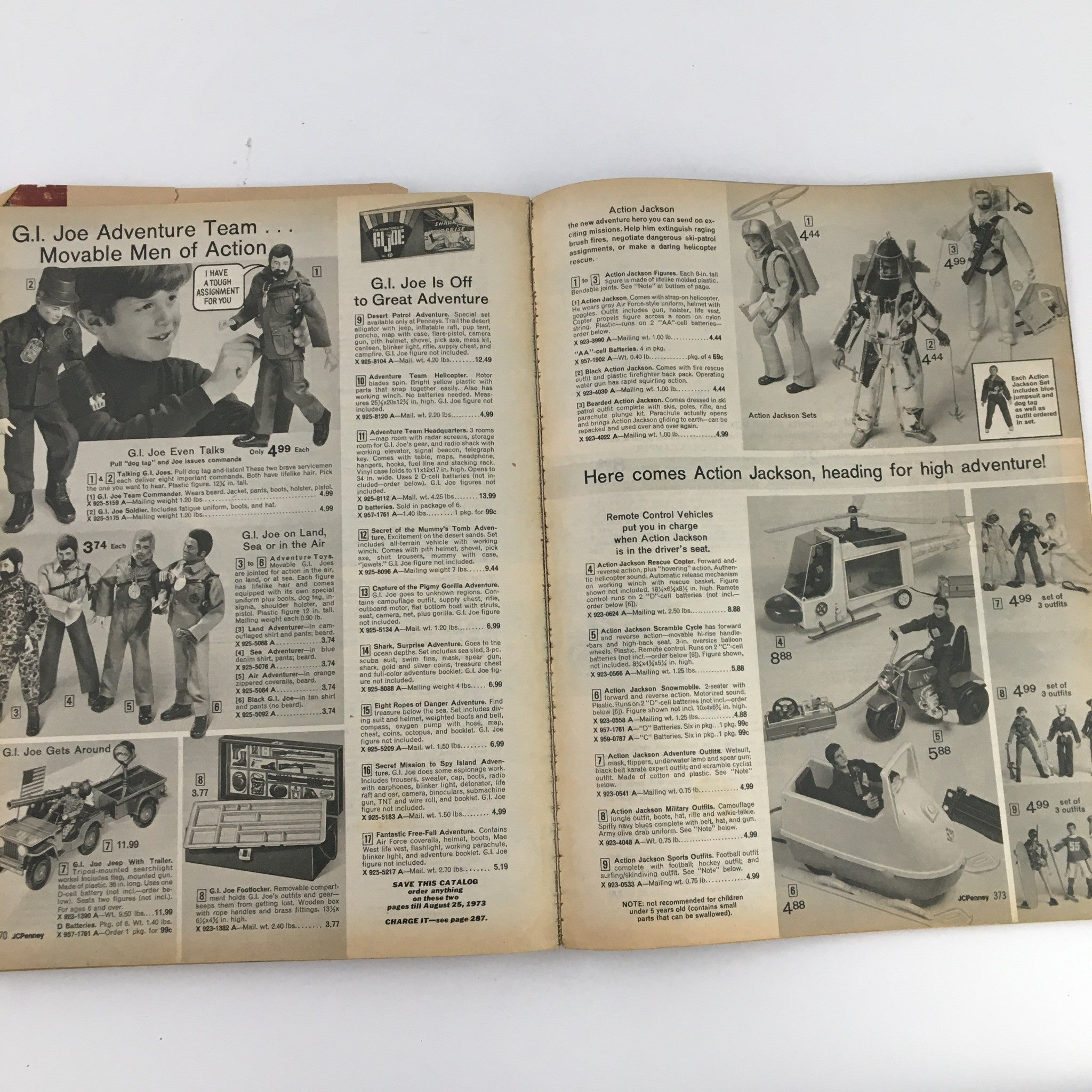 1972 JCPenney Christmas Toys and Giftwares Price Guide Catalog illustrating G.I. Joe Adventure Team action figures and vehicles focusing on play and adventure themes.