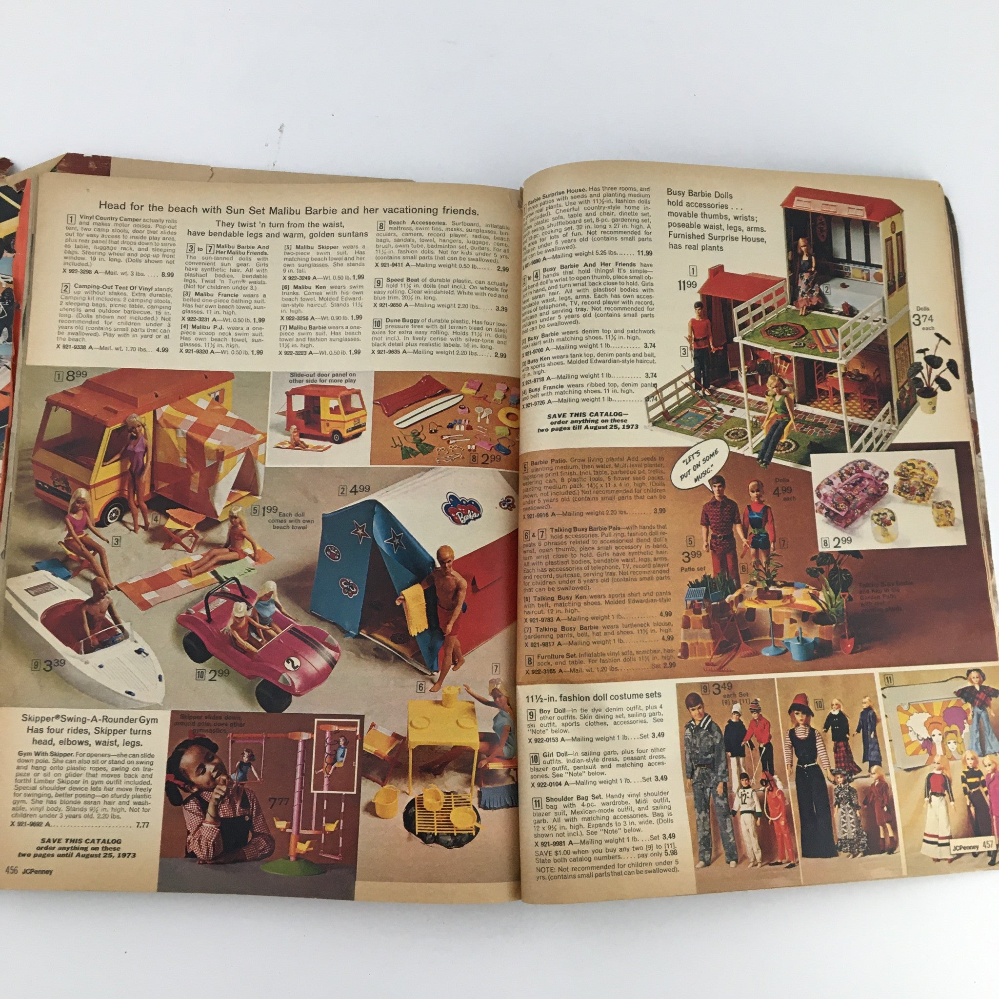 Vintage 1972 JCPenney Christmas Toys and Giftwares Price Guide Catalog page showcasing beach toys, Sun Set Malibu Barbie, and associated playsets.