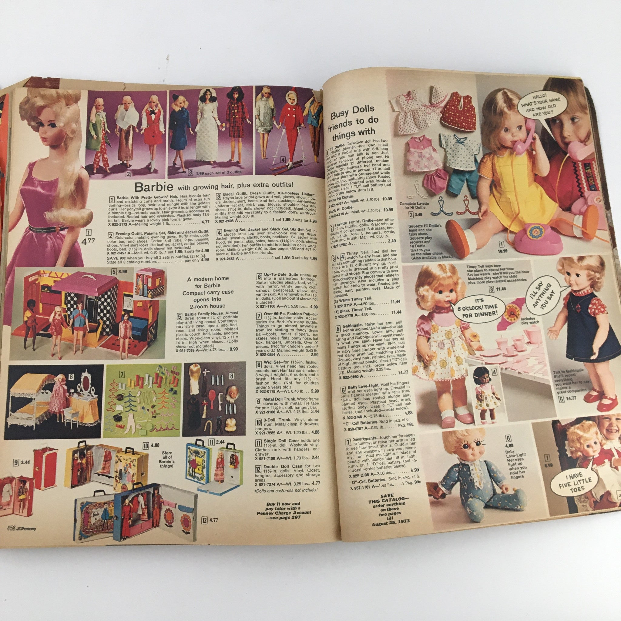 Interior page from the 1972 JCPenney Christmas Toys and Giftwares Price Guide Catalog featuring Barbie with outfits, accessories, and various toy selections.
